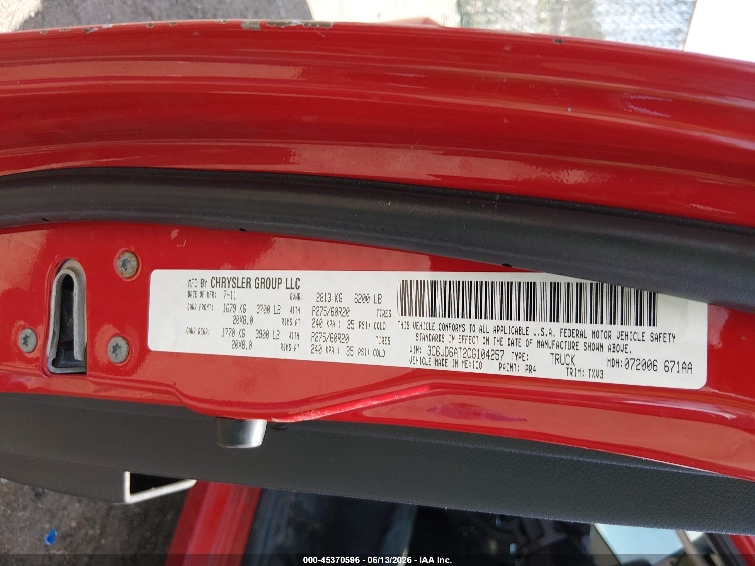 2012 Ram 1500 St Red vin: 3C6JD6AT2CG104257