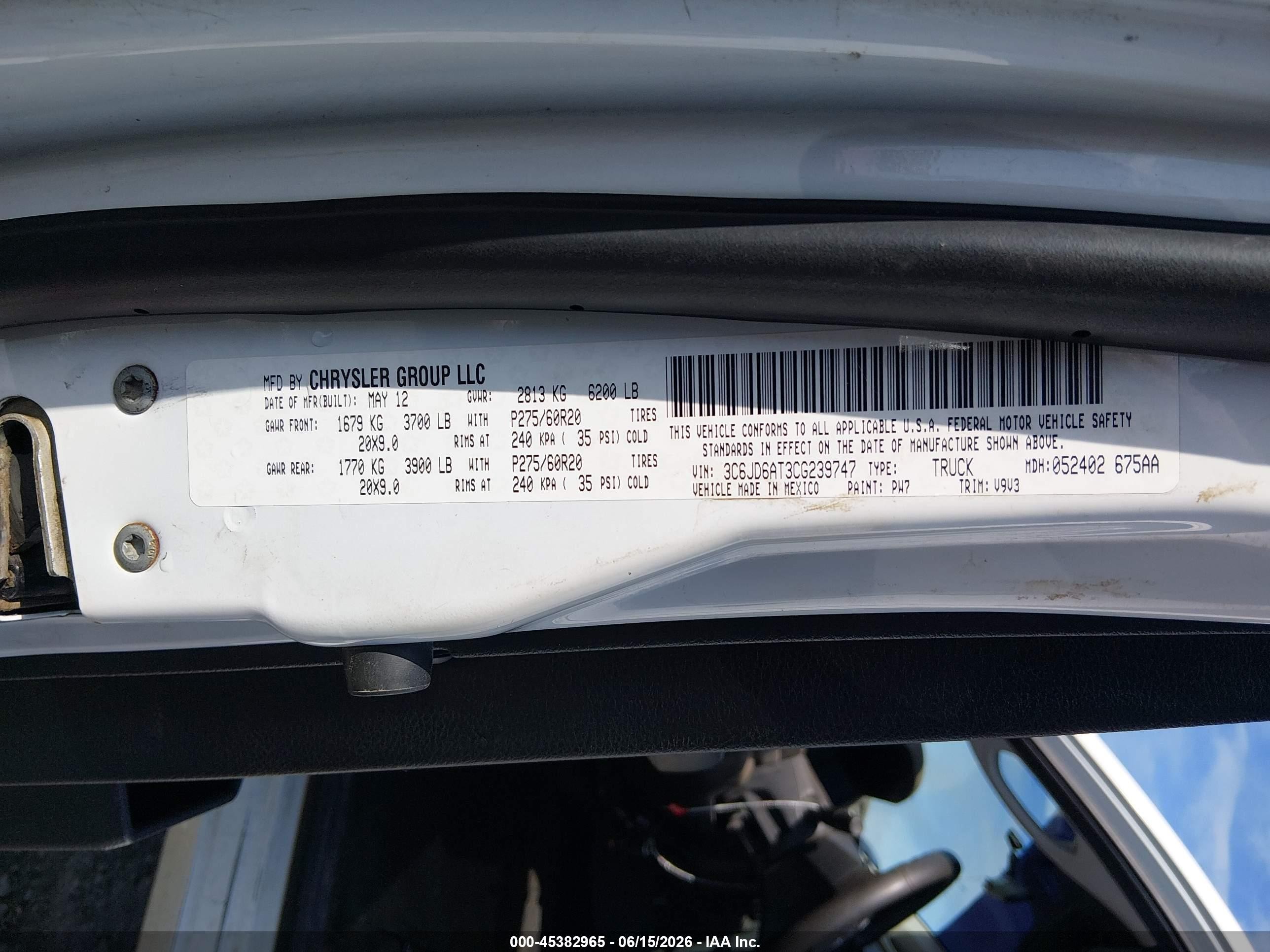 2012 Ram 1500 St White vin: 3C6JD6AT3CG239747