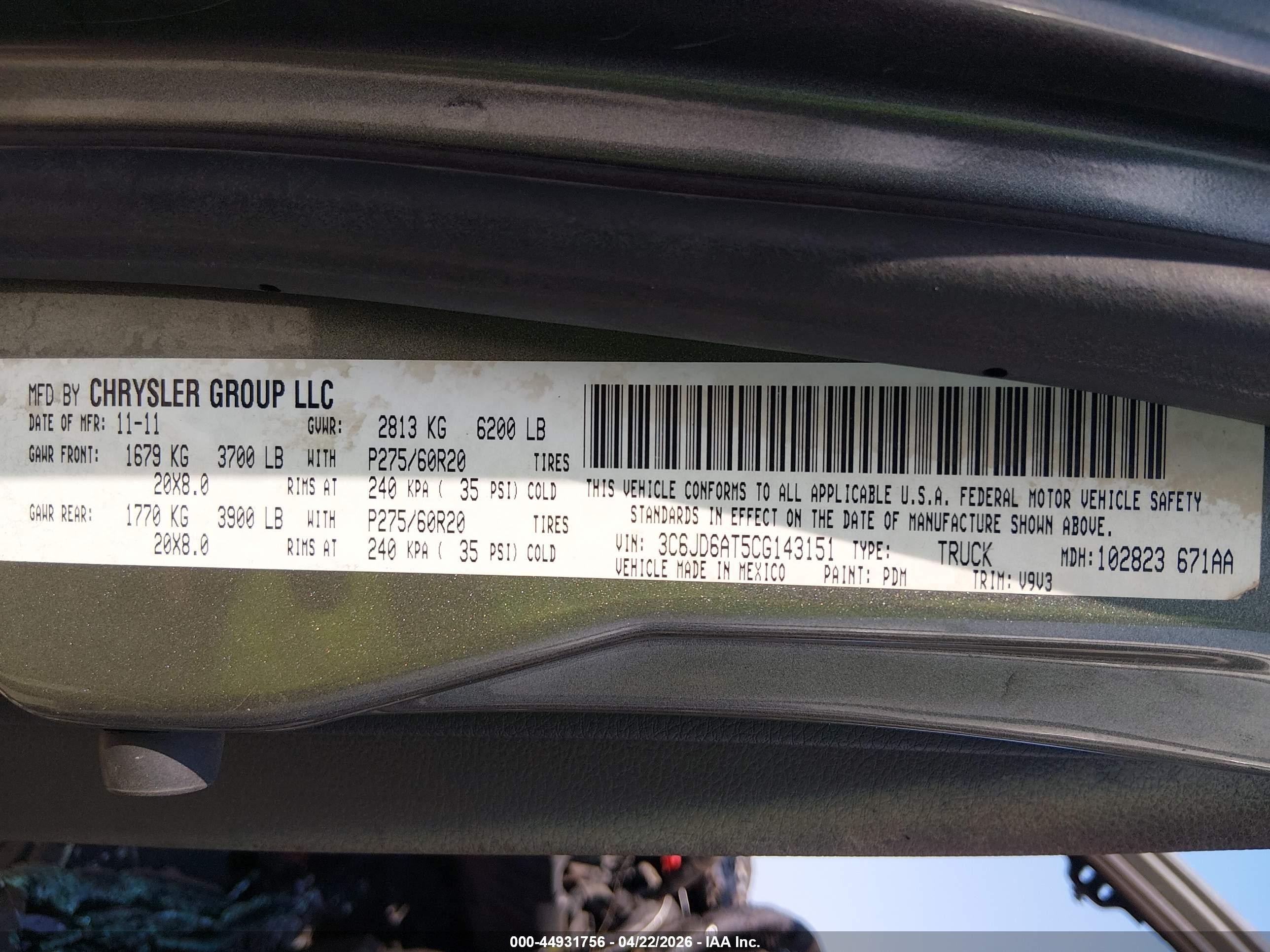 2012 Ram 1500 St Gray vin: 3C6JD6AT5CG143151