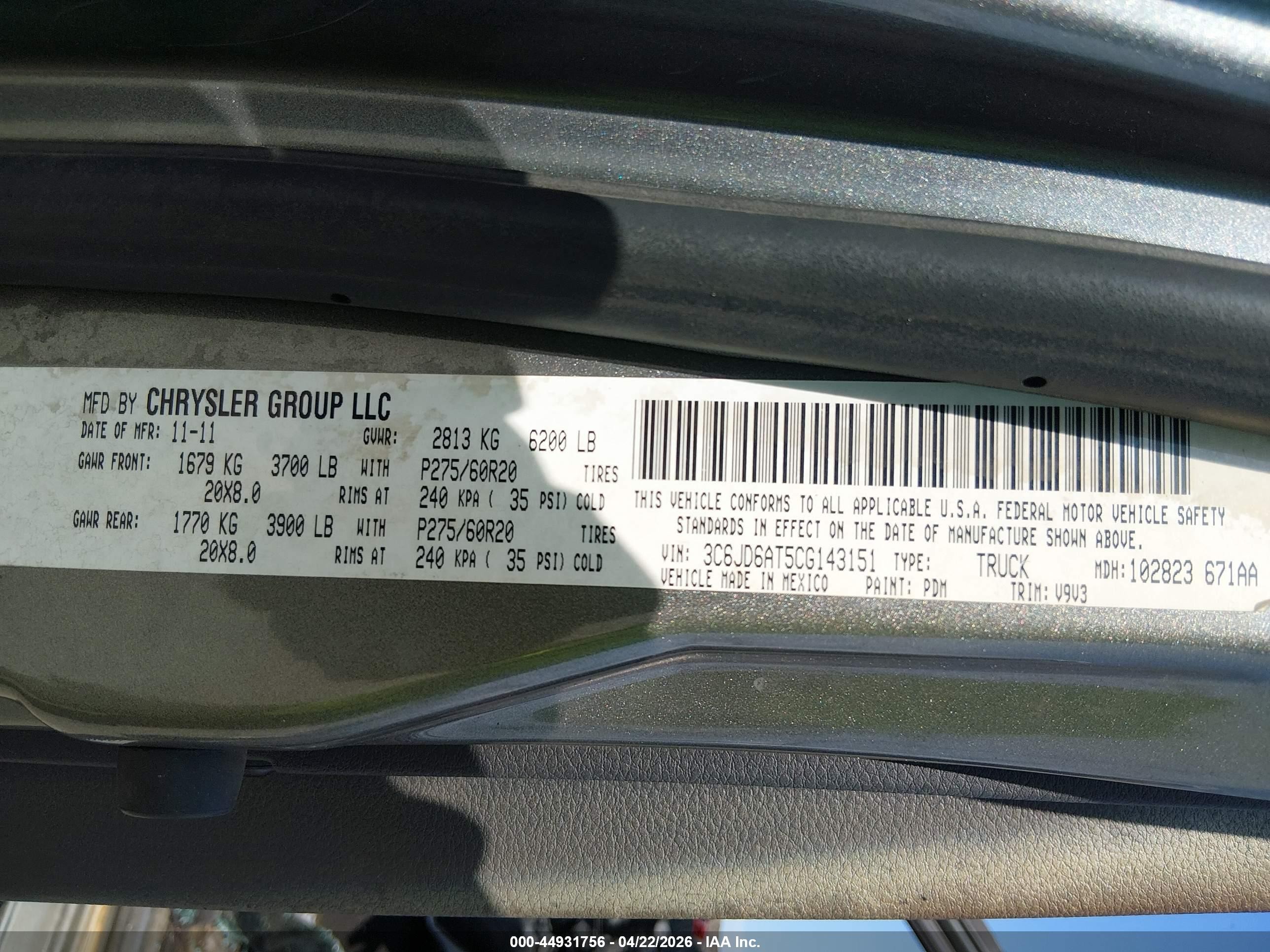 2012 Ram 1500 St Gray vin: 3C6JD6AT5CG143151