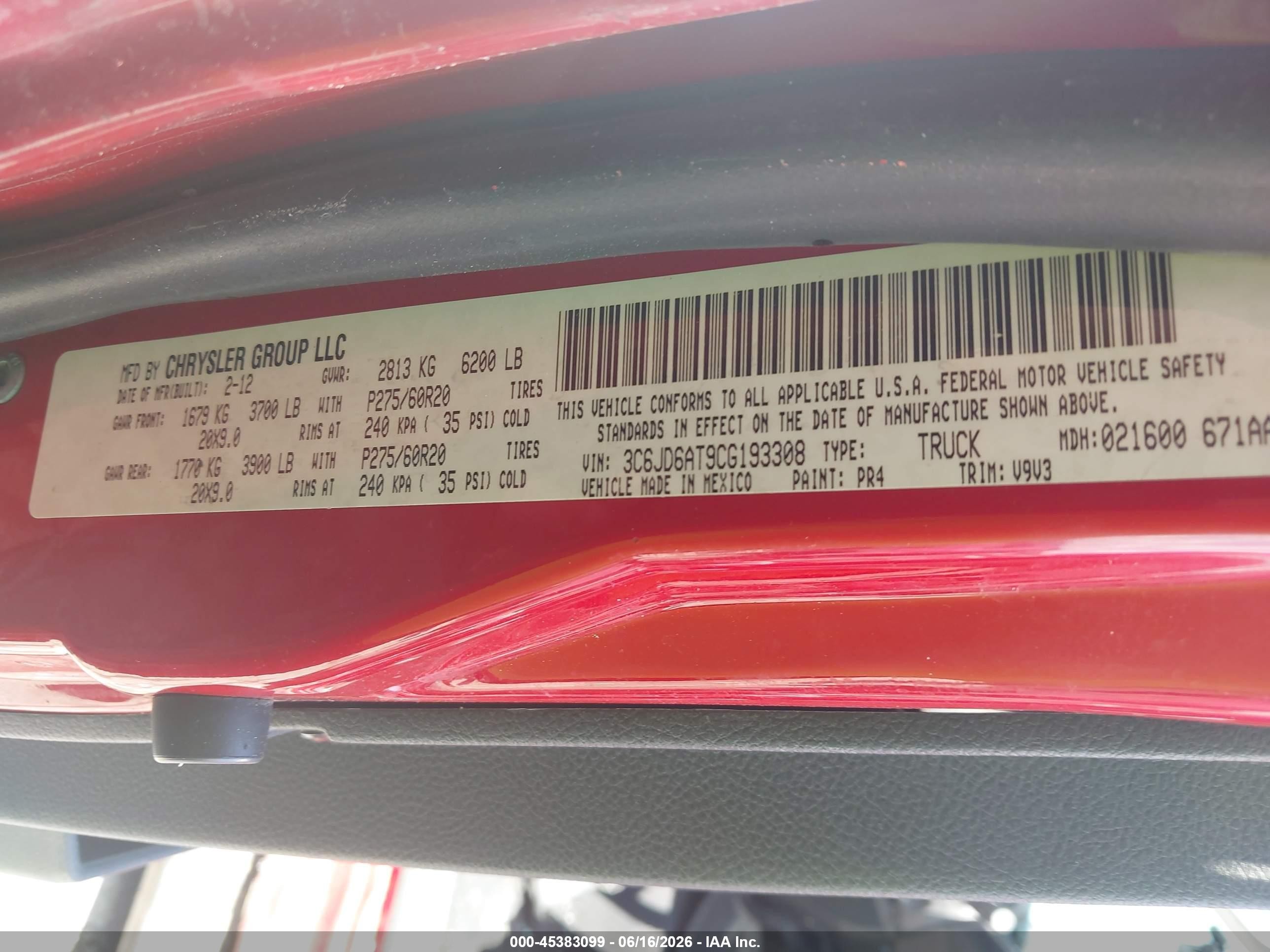2012 Ram 1500 St Red vin: 3C6JD6AT9CG193308