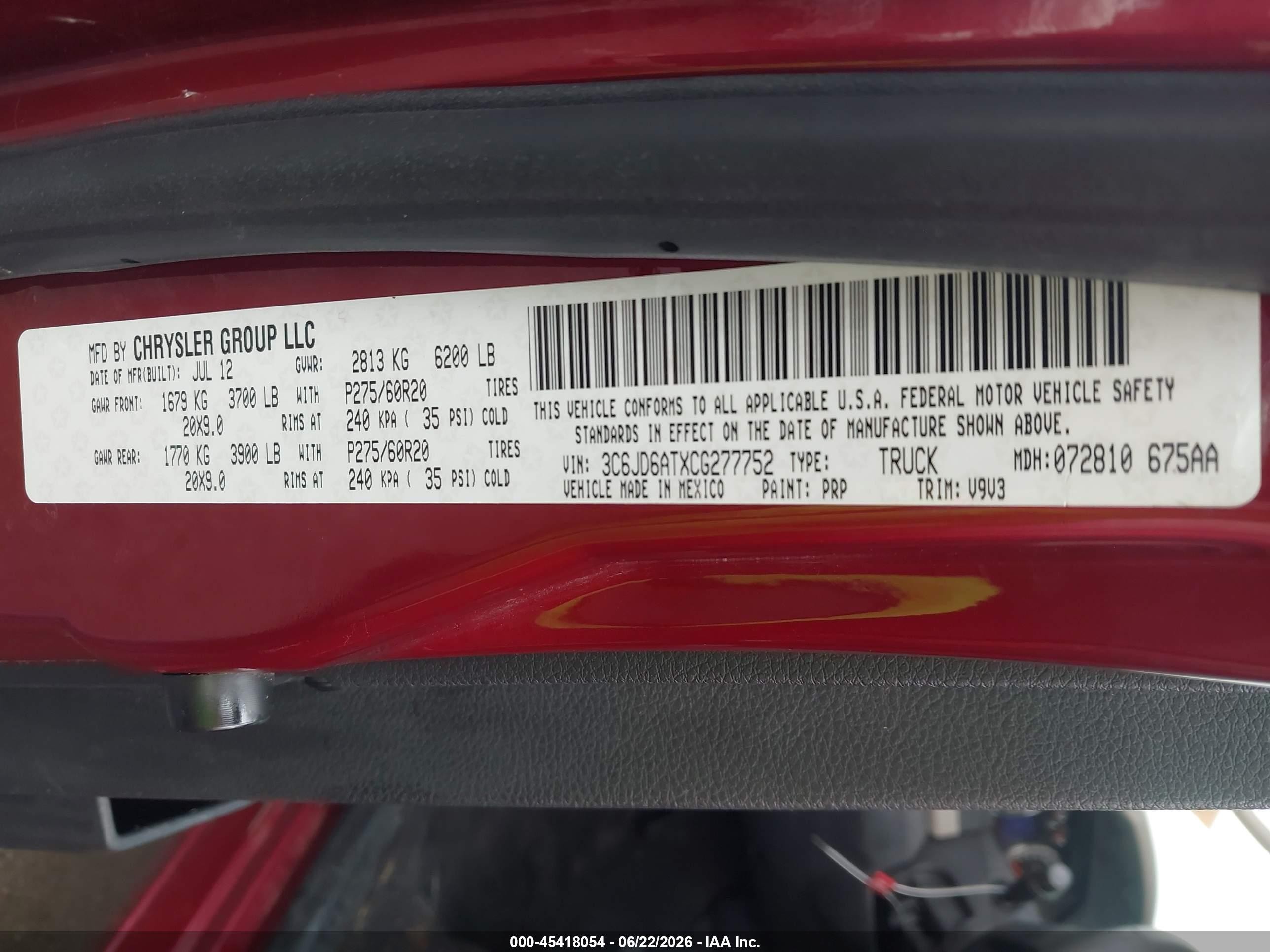 2012 Ram 1500 St Red vin: 3C6JD6ATXCG277752
