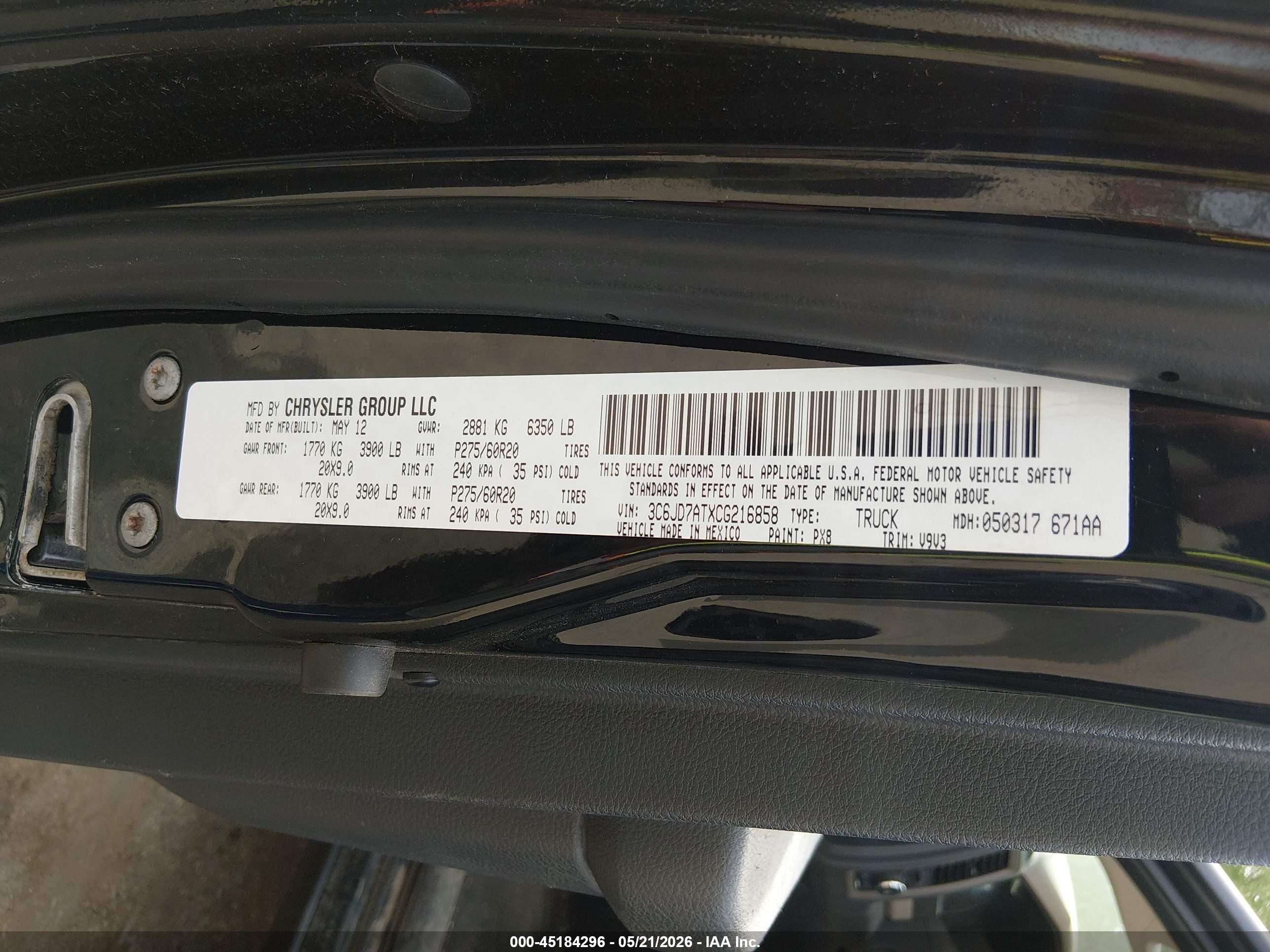 2012 Ram 1500 St Black vin: 3C6JD7ATXCG216858
