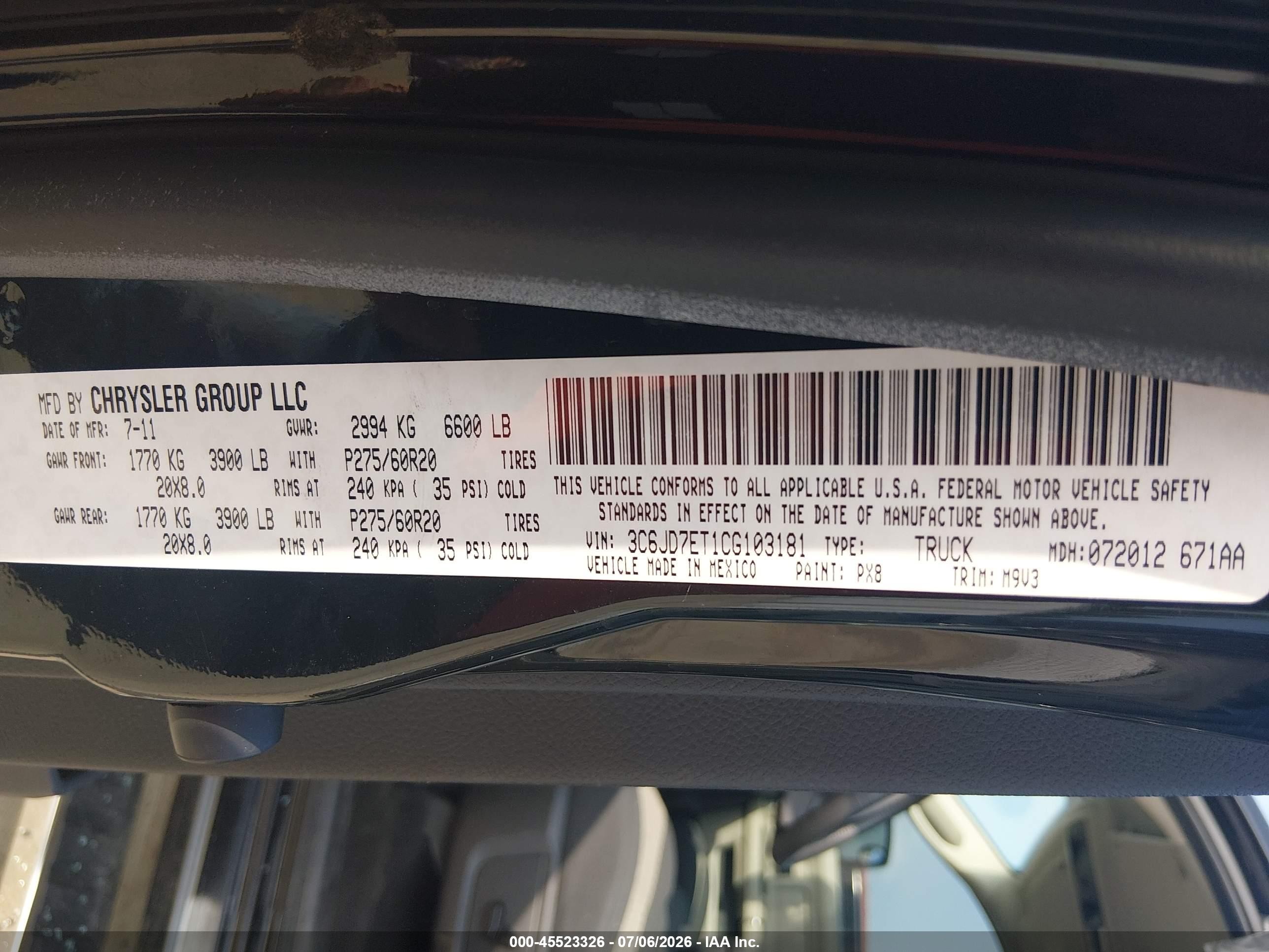 2012 Ram 1500 Outdoorsman Black vin: 3C6JD7ET1CG103181