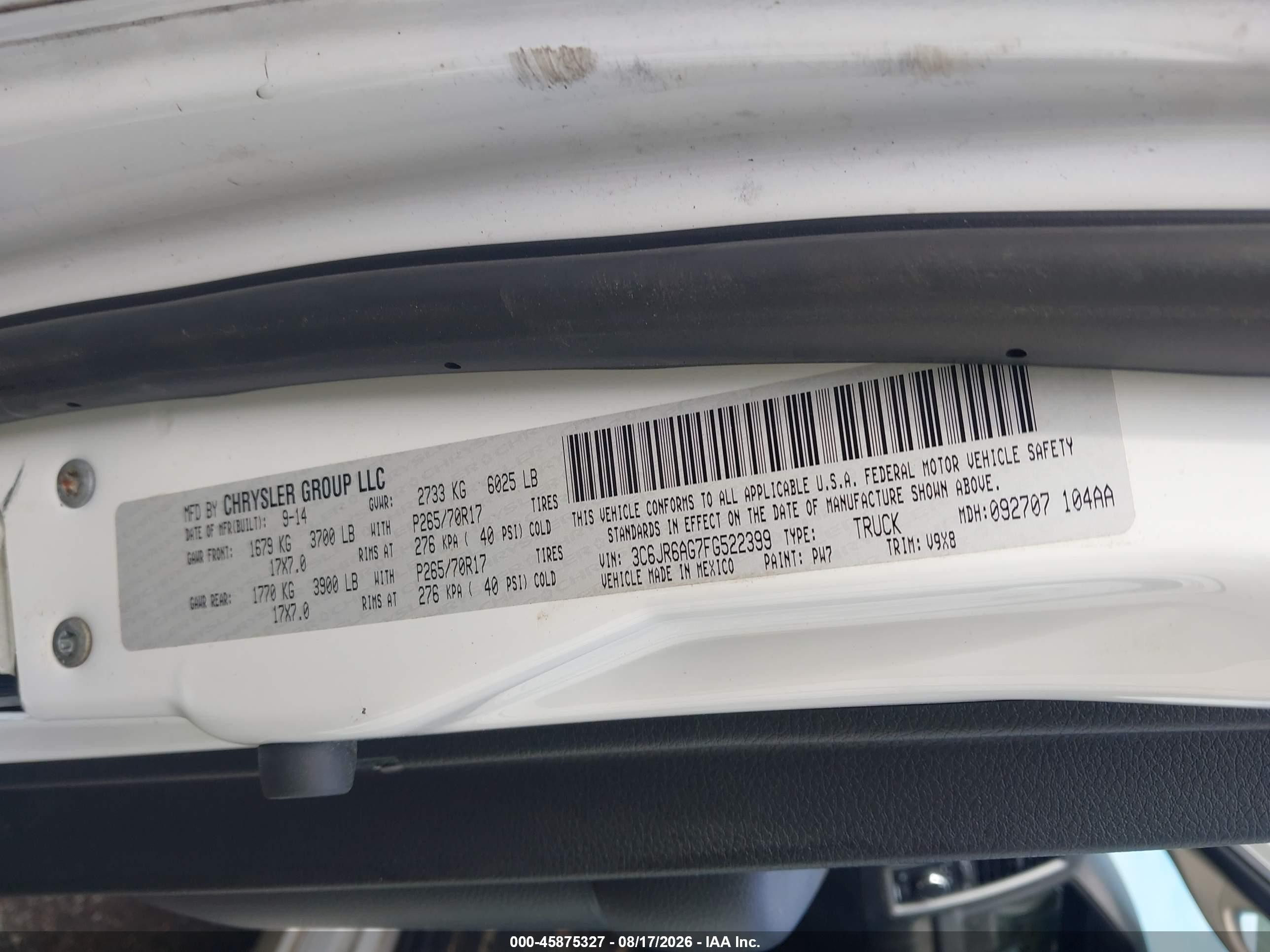 2015 Ram 1500 Tradesman White vin: 3C6JR6AG7FG522399