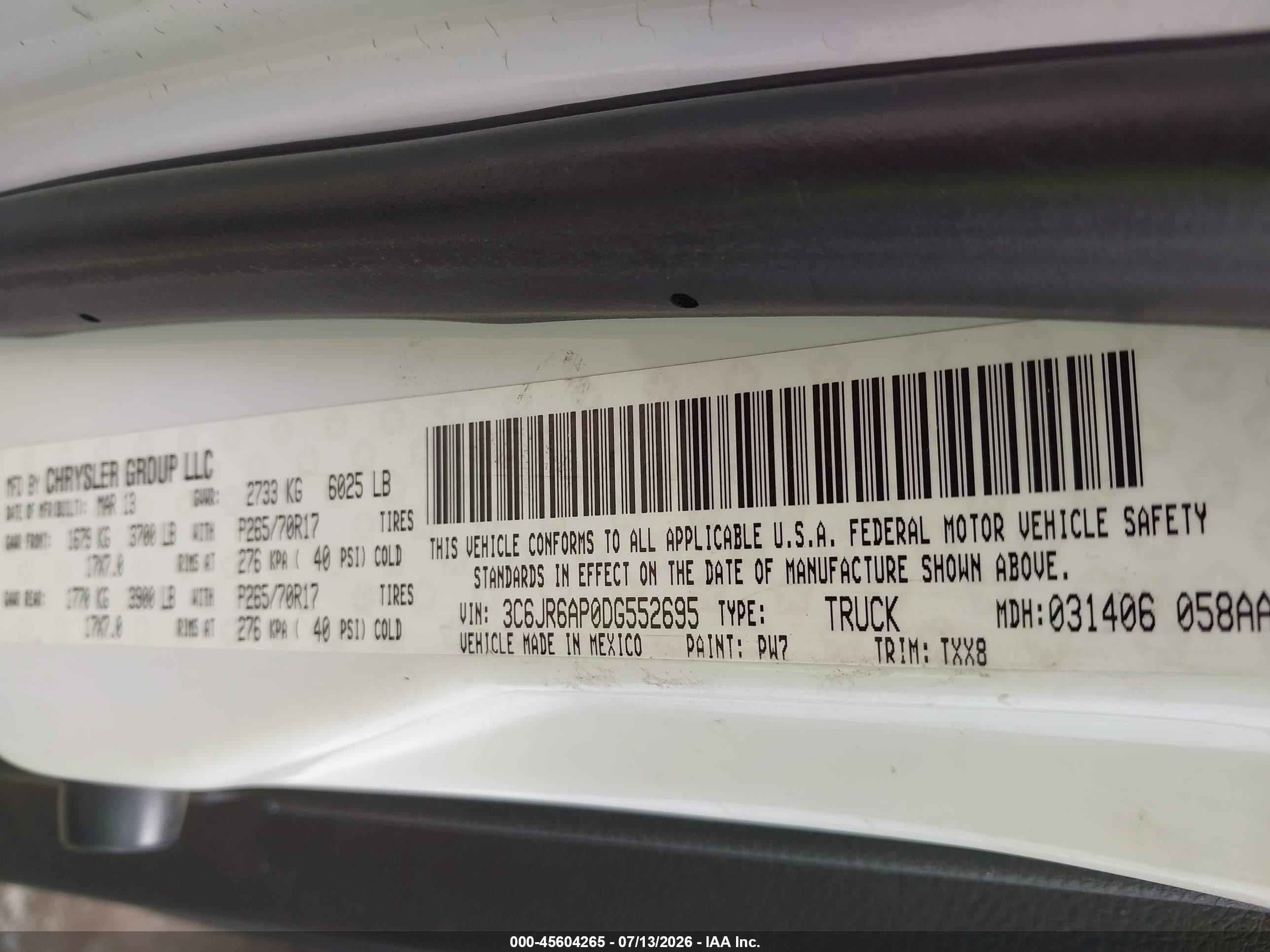 2013 Ram 1500 Tradesman Белый vin: 3C6JR6AP0DG552695