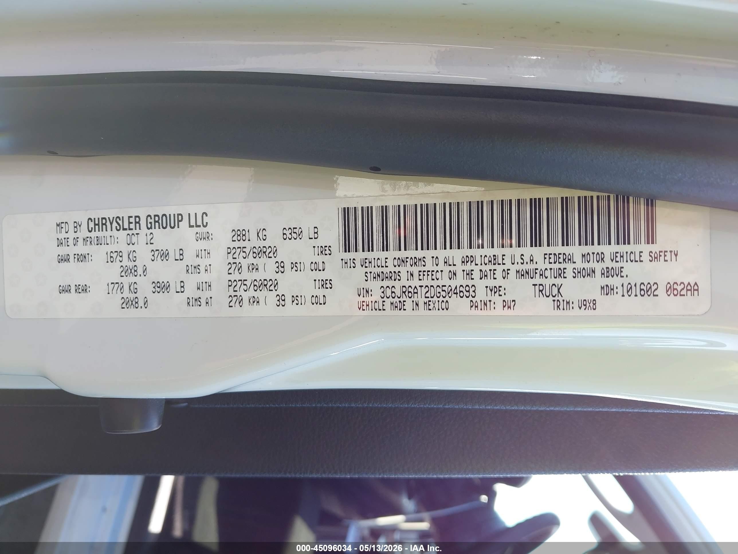 2013 Ram 1500 Express White vin: 3C6JR6AT2DG504693