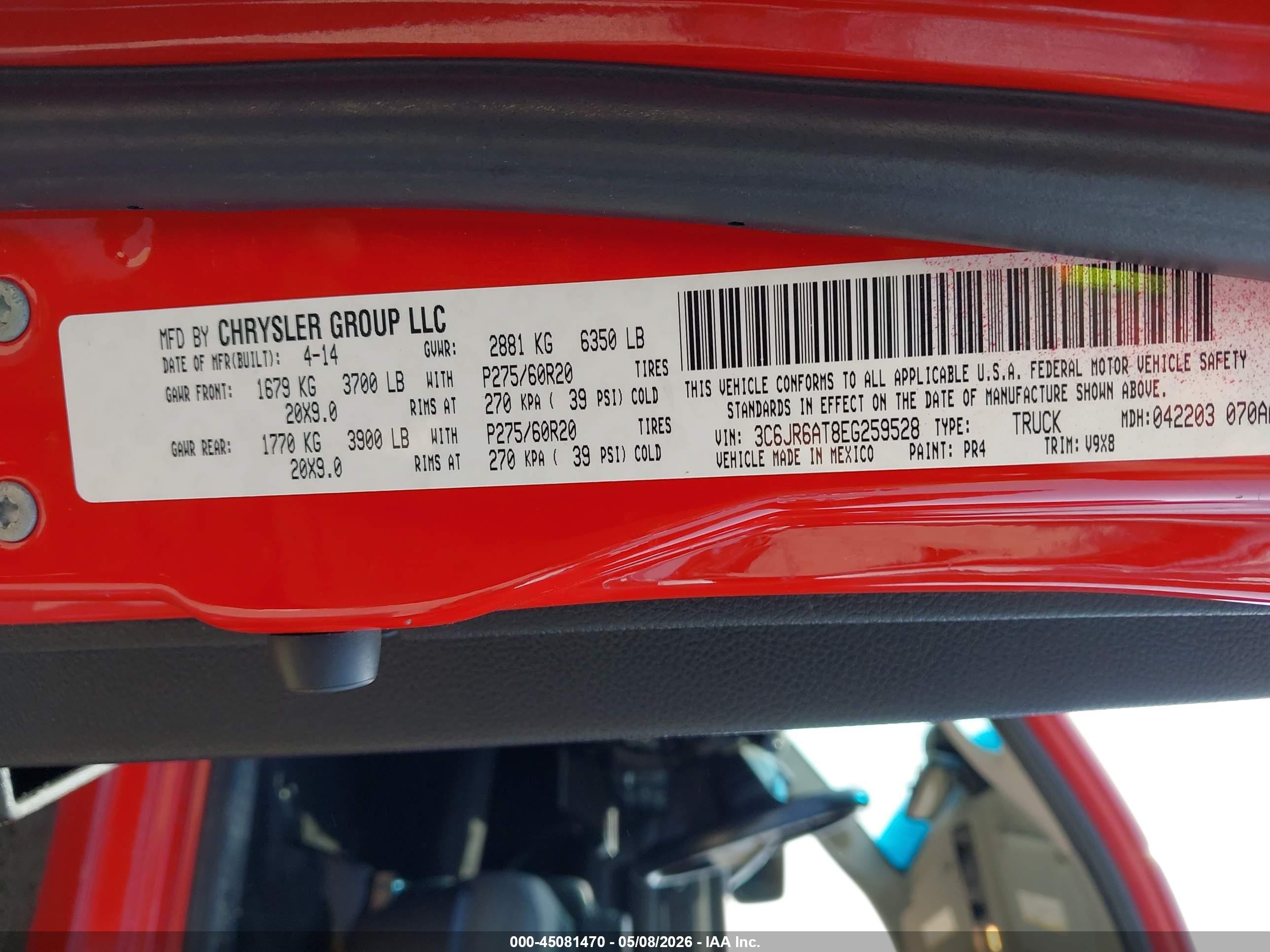 2014 Ram 1500 Express Red vin: 3C6JR6AT8EG259528