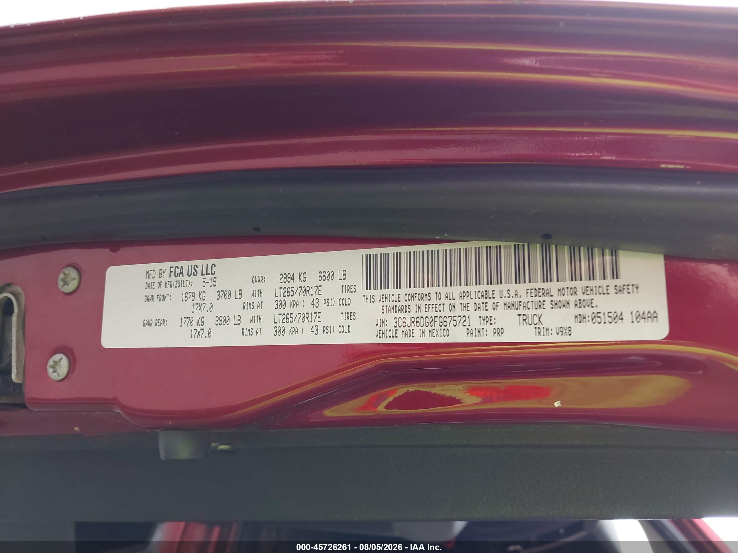 2015 Ram 1500 Tradesman Красный vin: 3C6JR6DG0FG675721