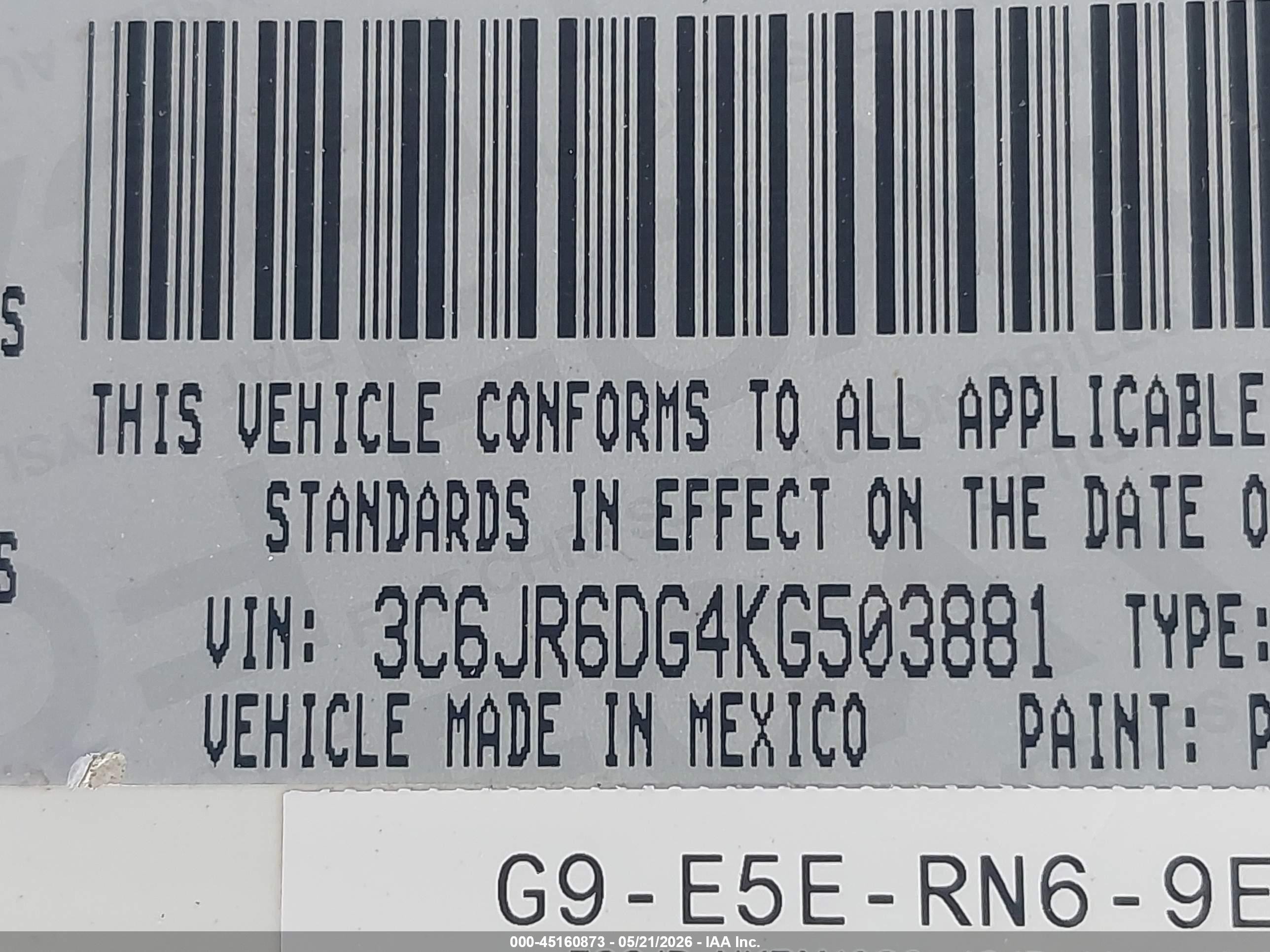 2019 Ram 1500 Classic Tradesman  4x2 8' Box White vin: 3C6JR6DG4KG503881