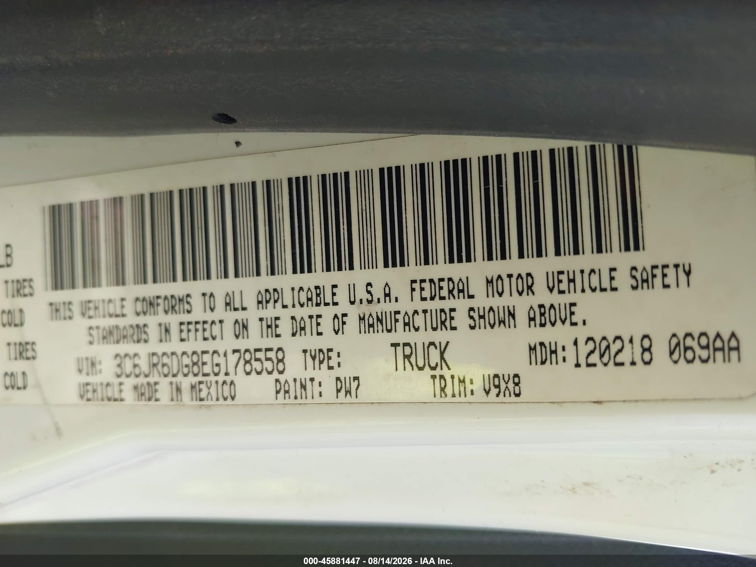 2014 Ram 1500 Tradesman White vin: 3C6JR6DG8EG178558