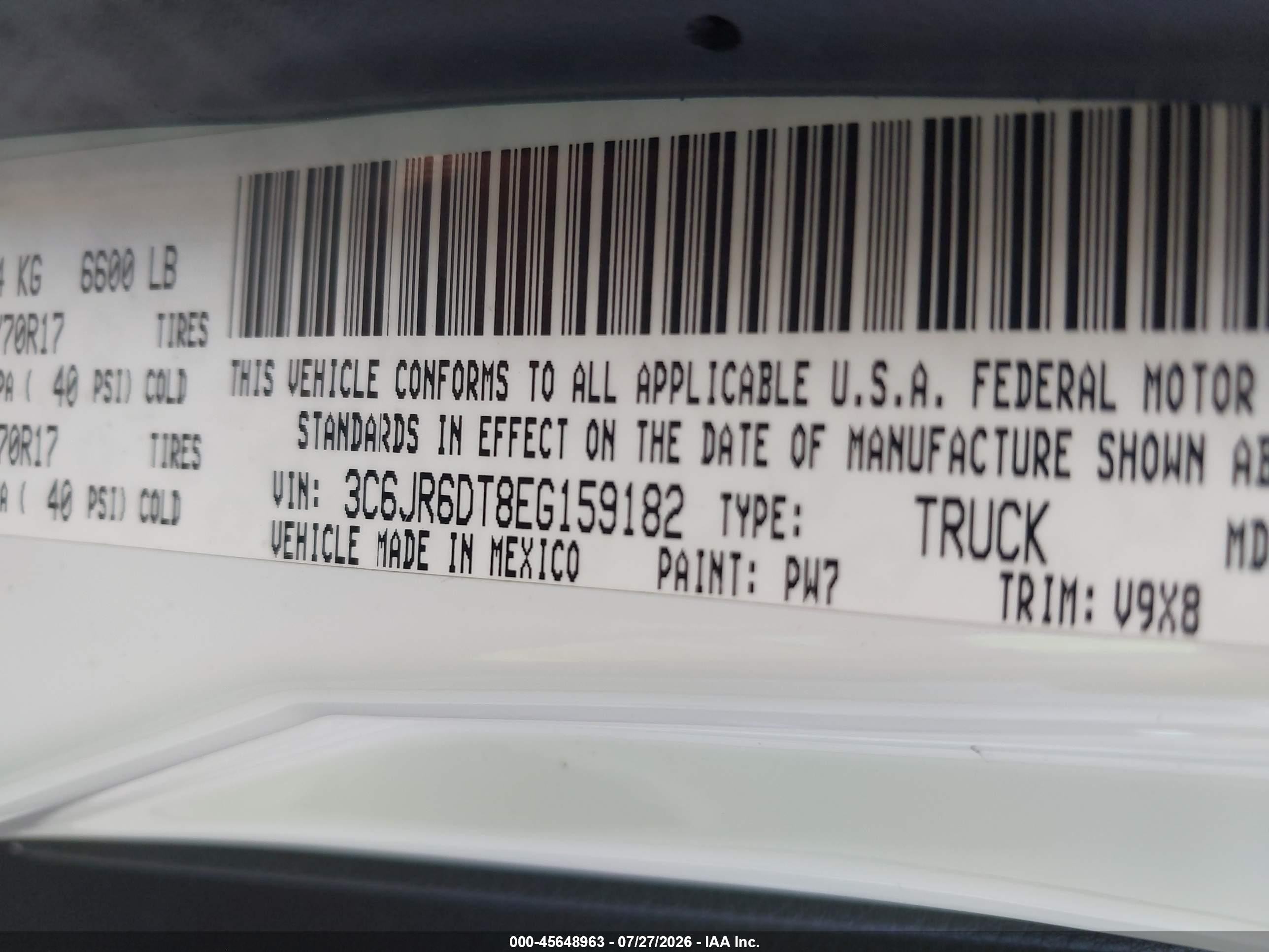 2014 Ram 1500 Tradesman White vin: 3C6JR6DT8EG159182