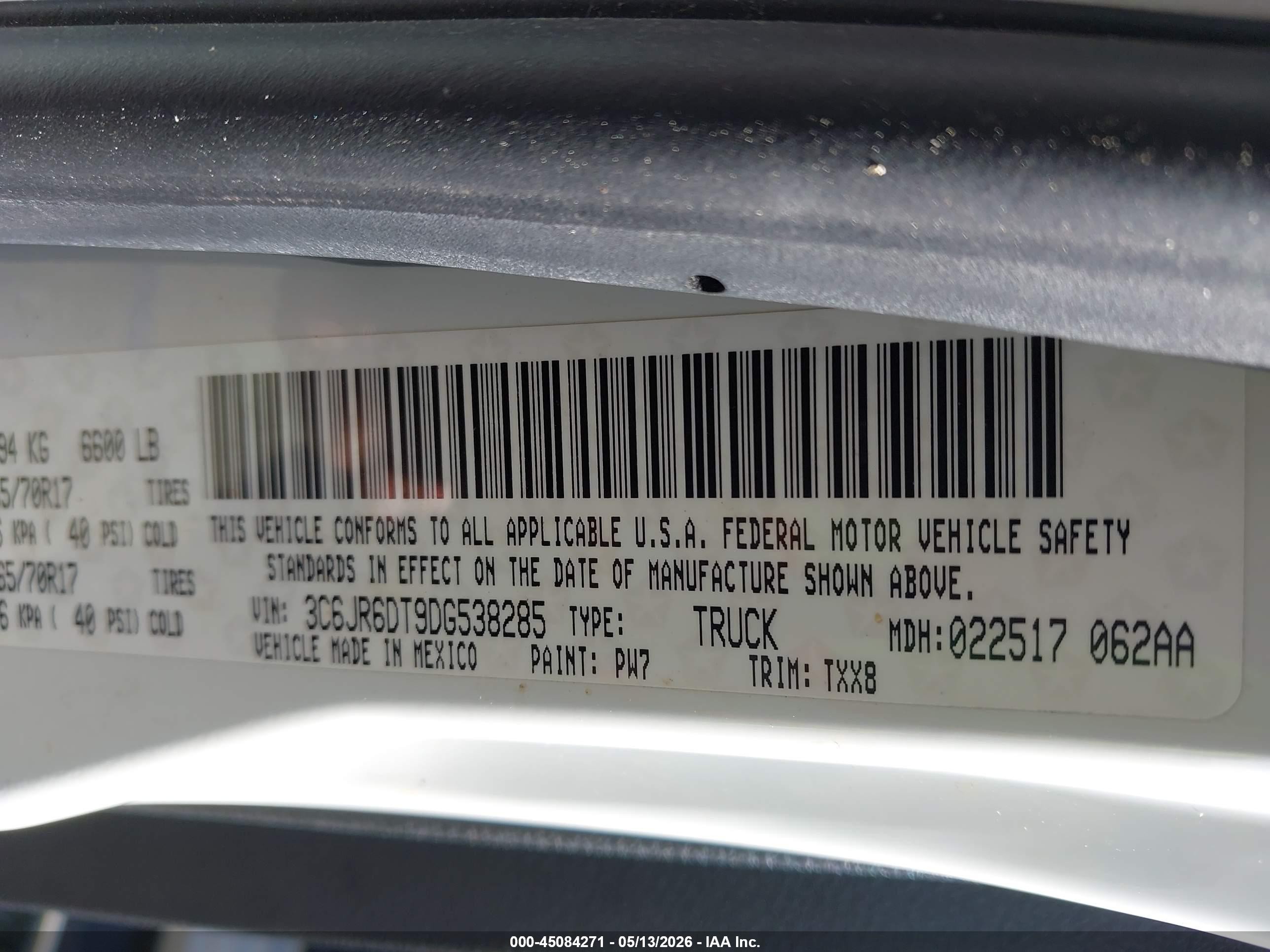 2013 Ram 1500 Tradesman White vin: 3C6JR6DT9DG538285