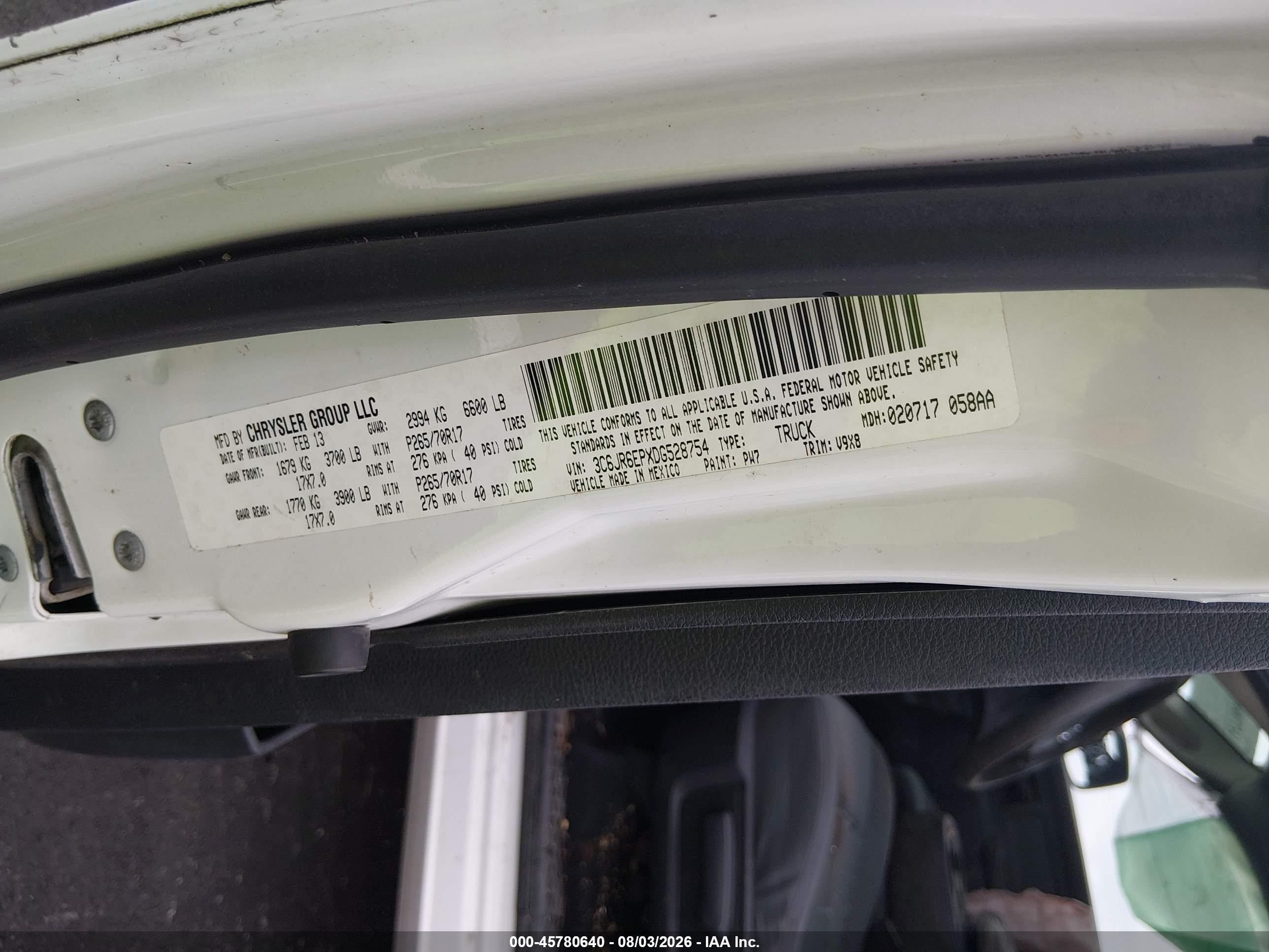 2013 Ram 1500 Slt White vin: 3C6JR6EPXDG528754