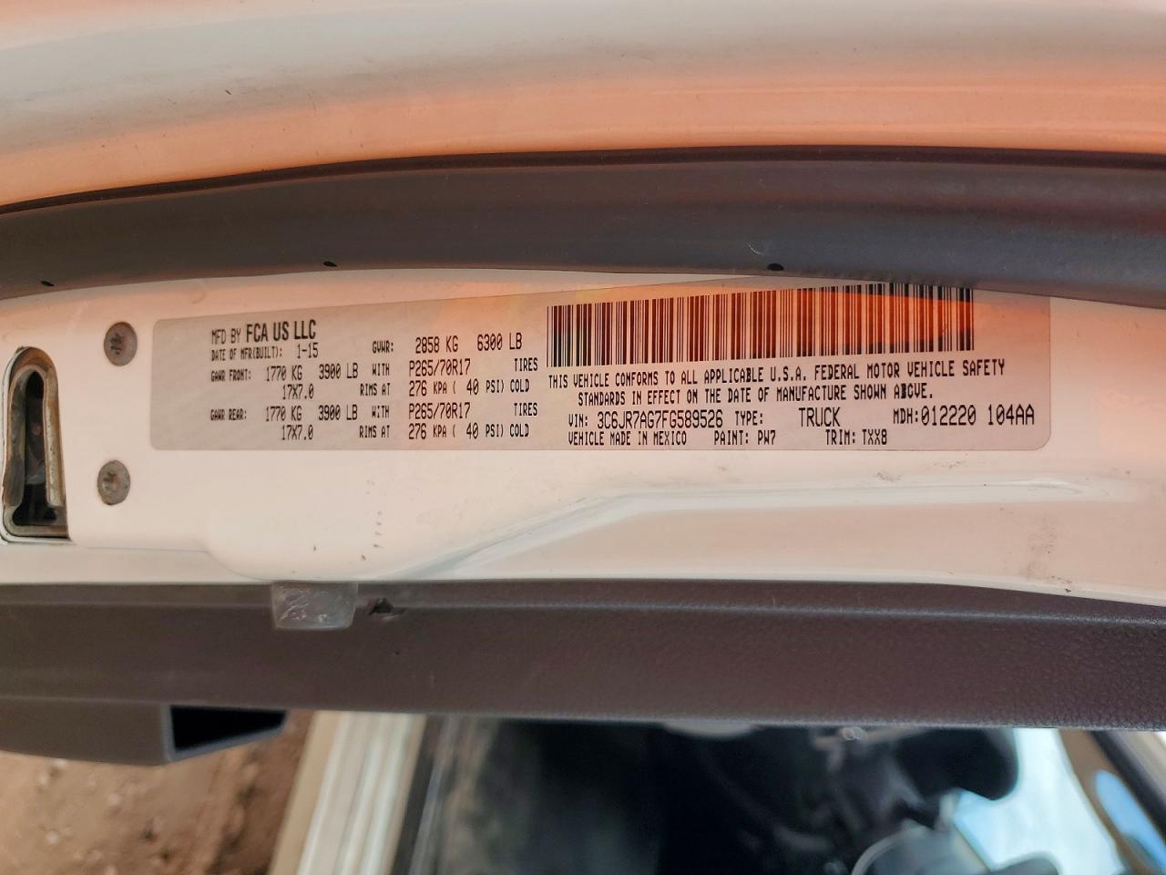 2015 Ram 1500 St White vin: 3C6JR7AG7FG589526