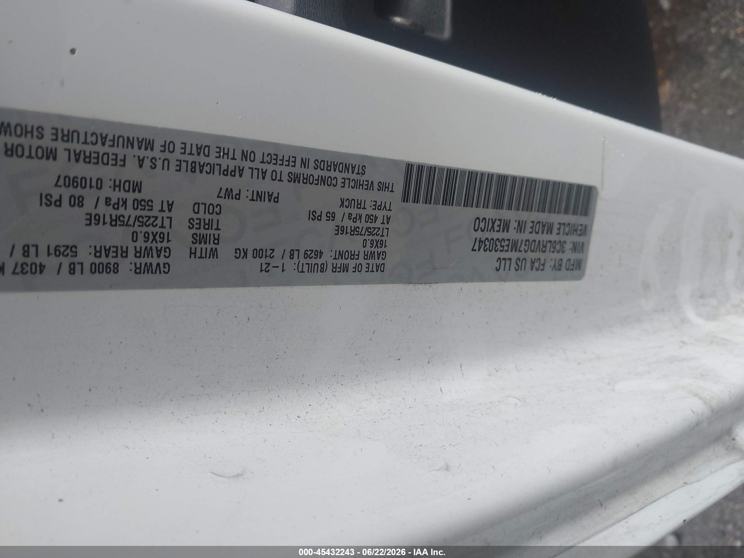 2021 Ram Promaster 2500 High Roof 159 Wb White vin: 3C6LRVDG7ME530347