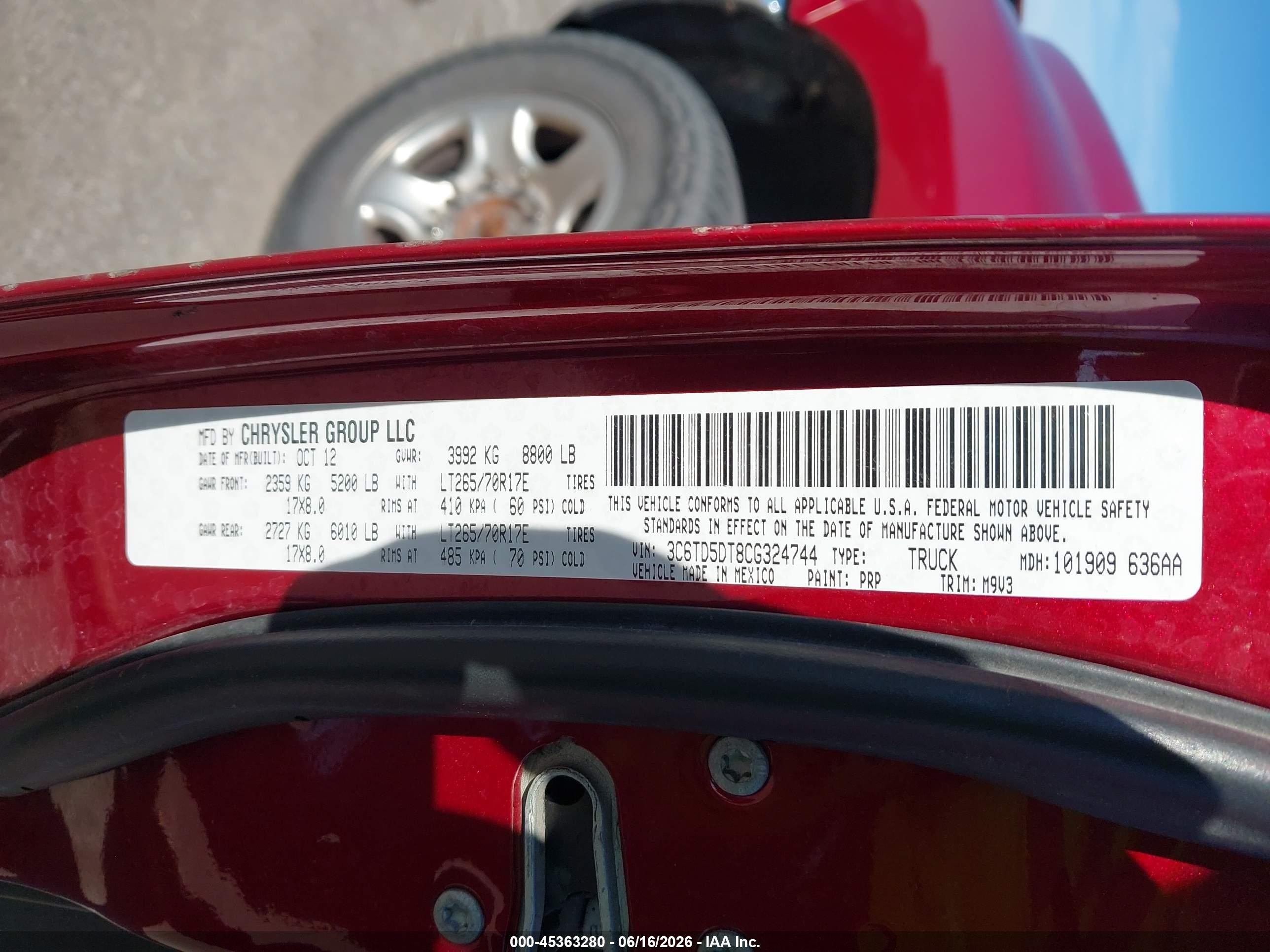 2012 Ram 2500 Slt Red vin: 3C6TD5DT8CG324744