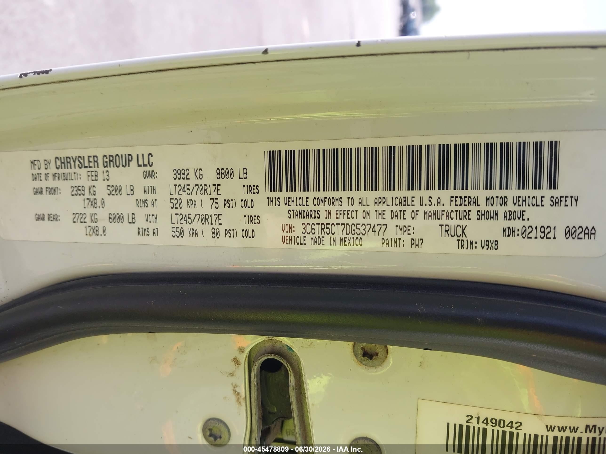 2013 Ram 2500 Tradesman White vin: 3C6TR5CT7DG537477