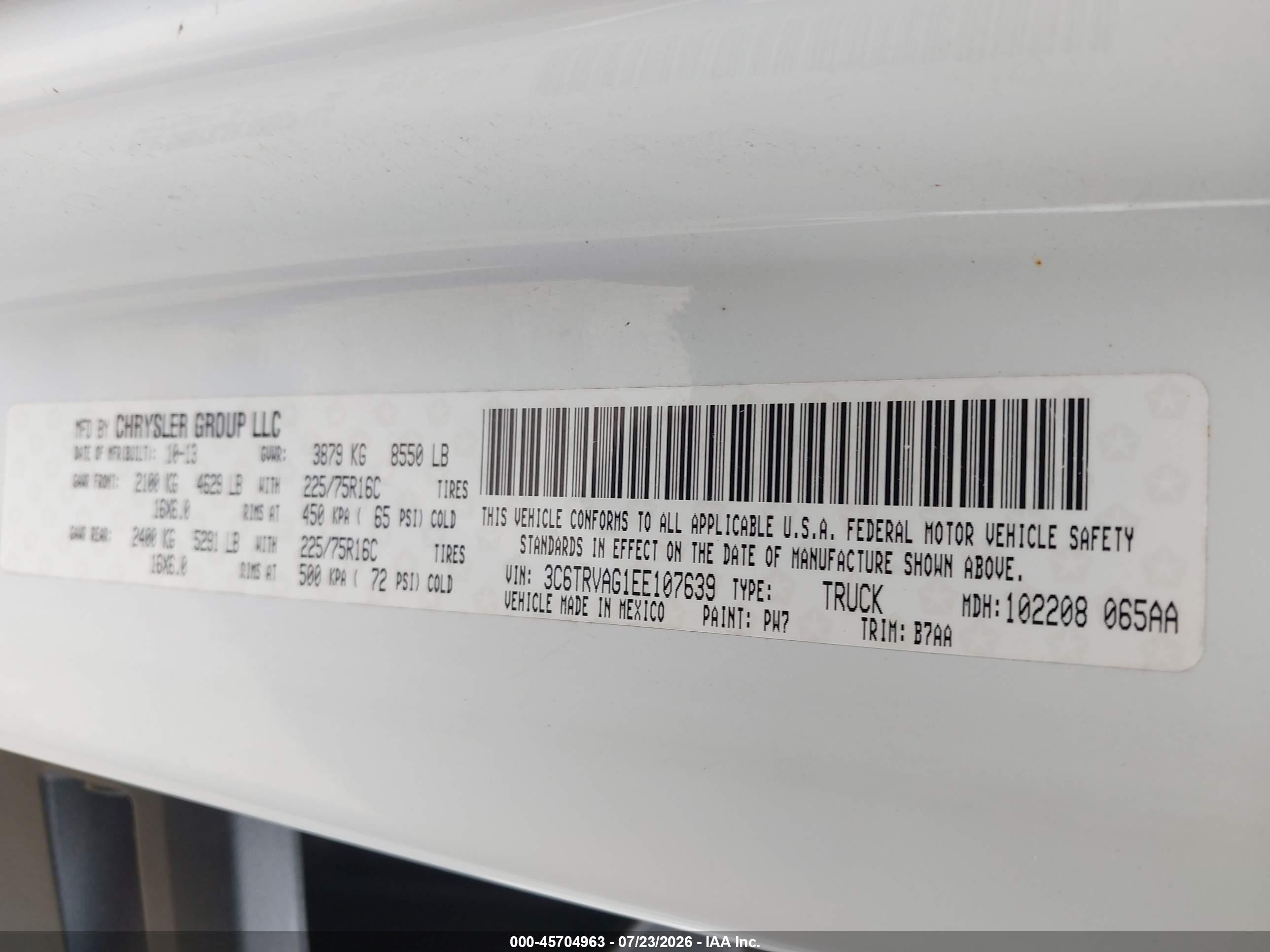 2014 Ram Promaster 1500 Low Roof White vin: 3C6TRVAG1EE107639