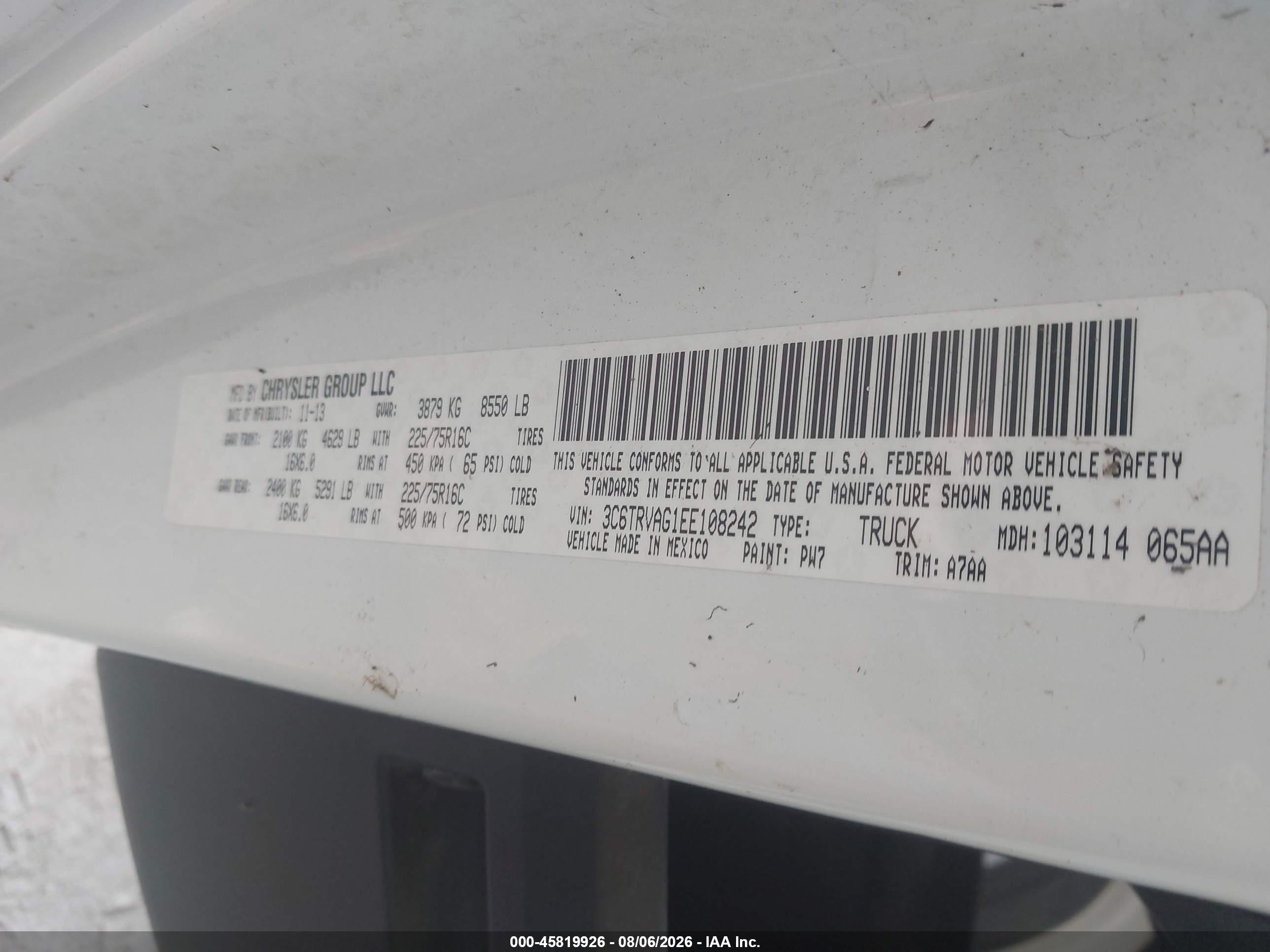 2014 Ram Promaster 1500 Low Roof White vin: 3C6TRVAG1EE108242