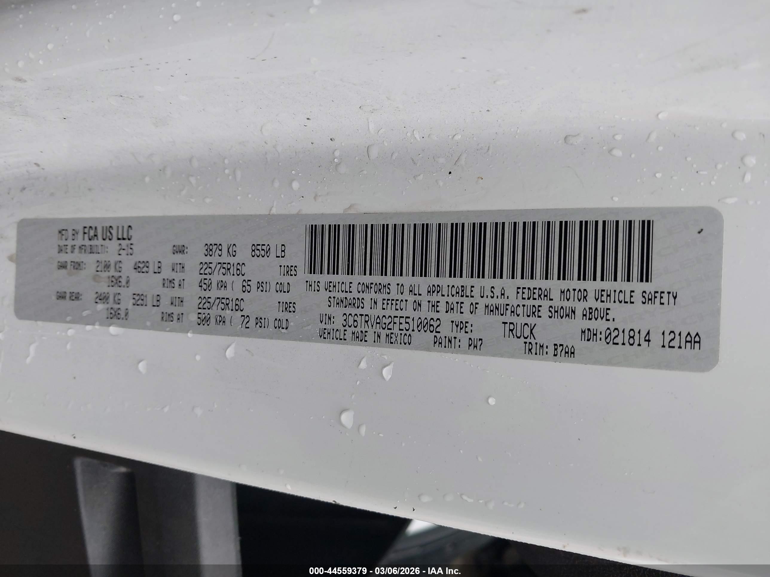 2015 Ram Promaster 1500 Low Roof White vin: 3C6TRVAG2FE510062