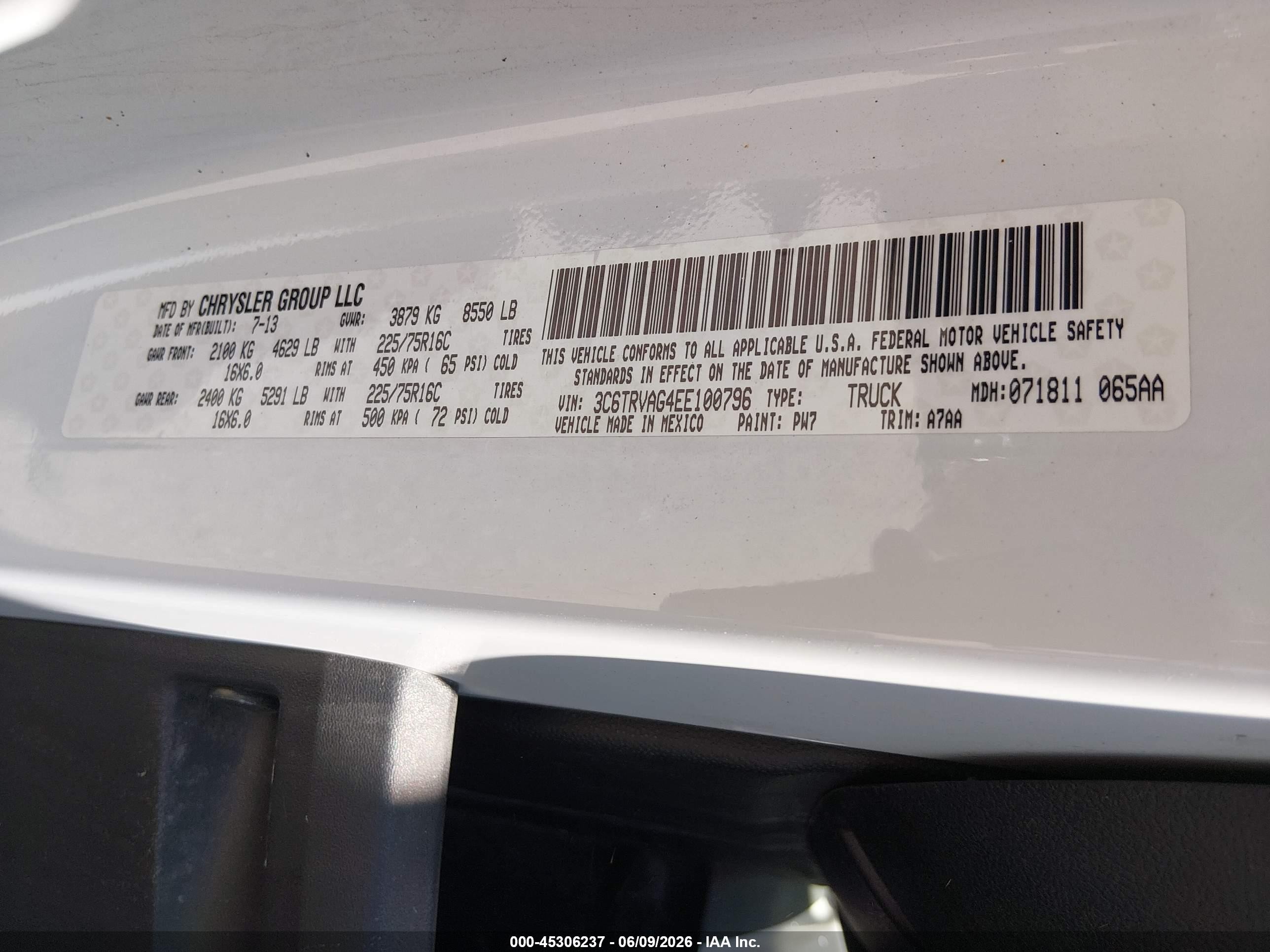 2014 Ram Promaster 1500 Low Roof White vin: 3C6TRVAG4EE100796