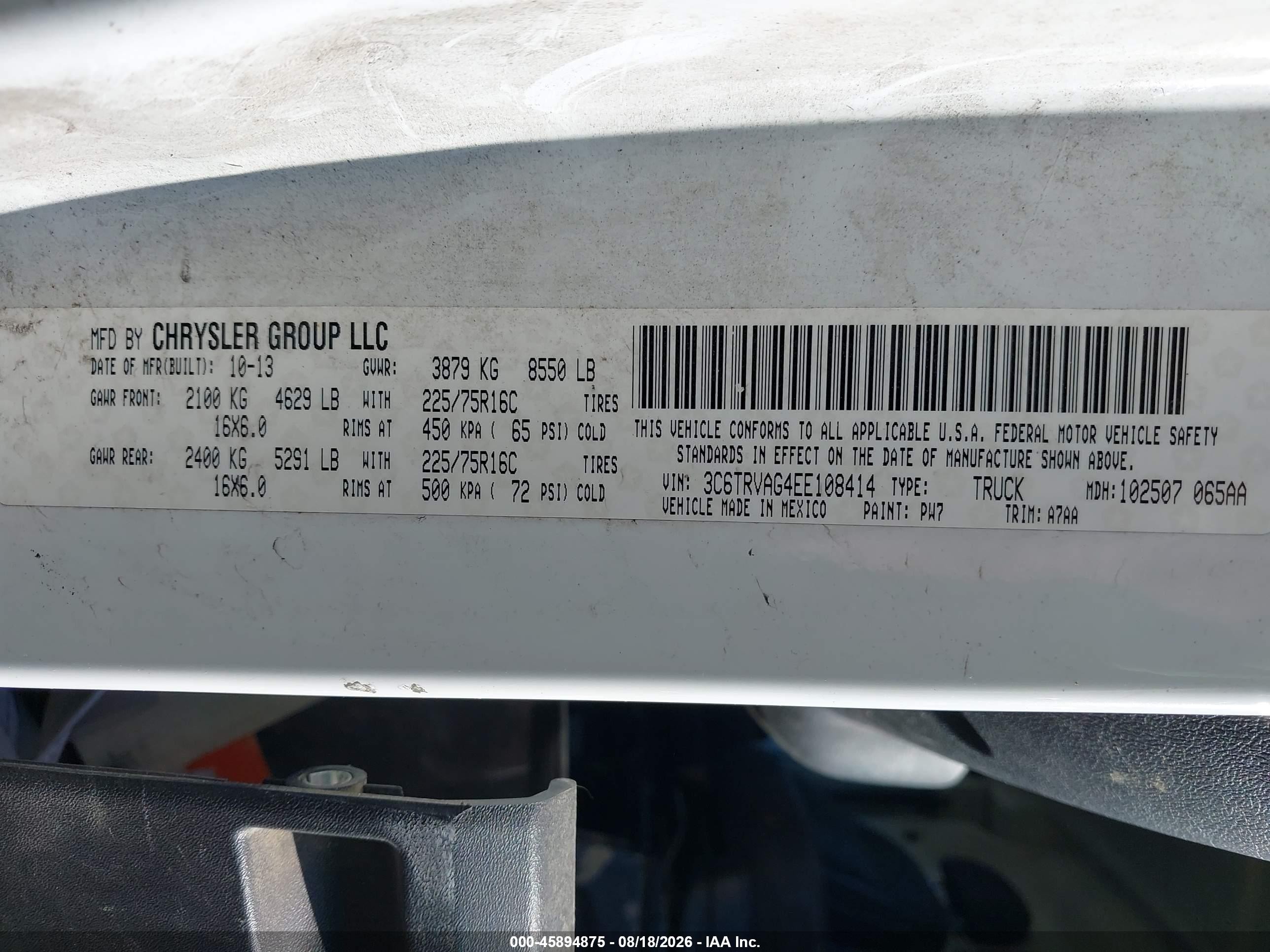 2014 Ram Promaster 1500 Low Roof White vin: 3C6TRVAG4EE108414