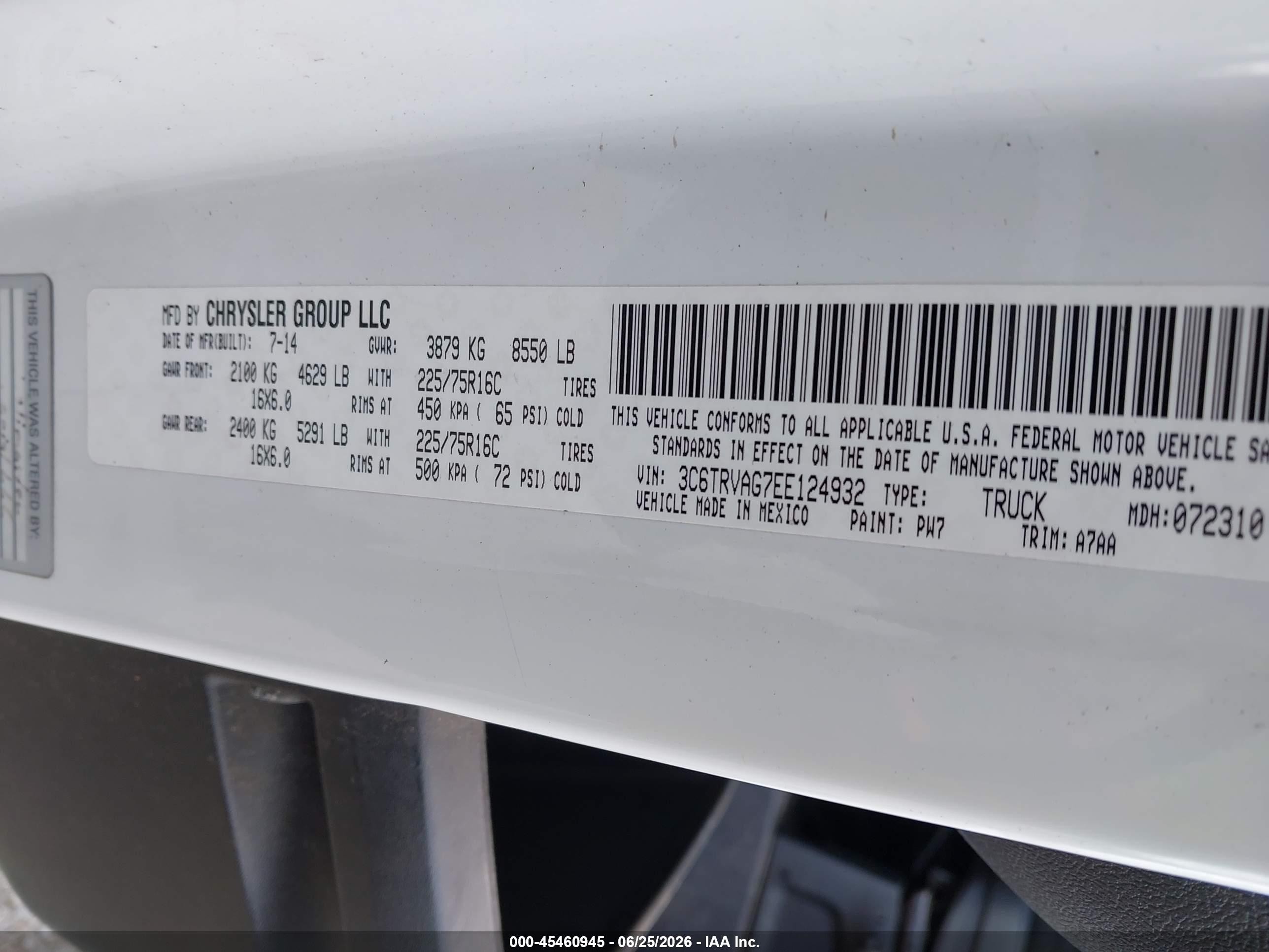 2014 Ram Promaster 1500 Low Roof White vin: 3C6TRVAG7EE124932
