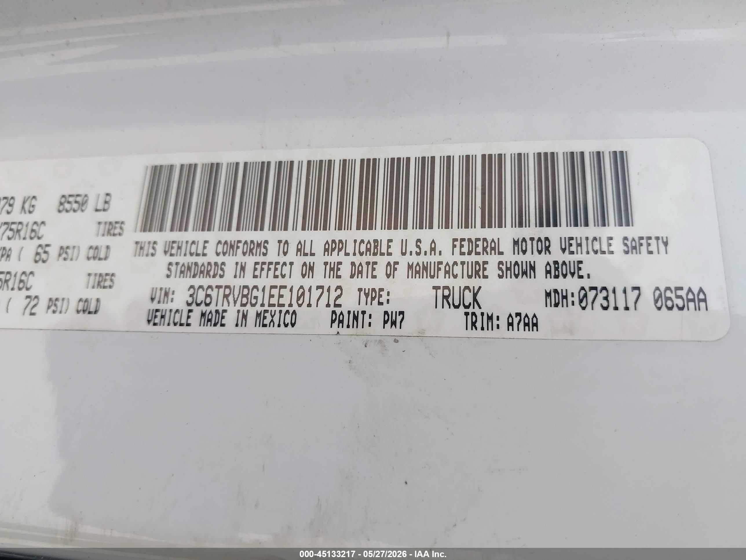 2014 Ram Promaster 1500   White vin: 3C6TRVBG1EE101712