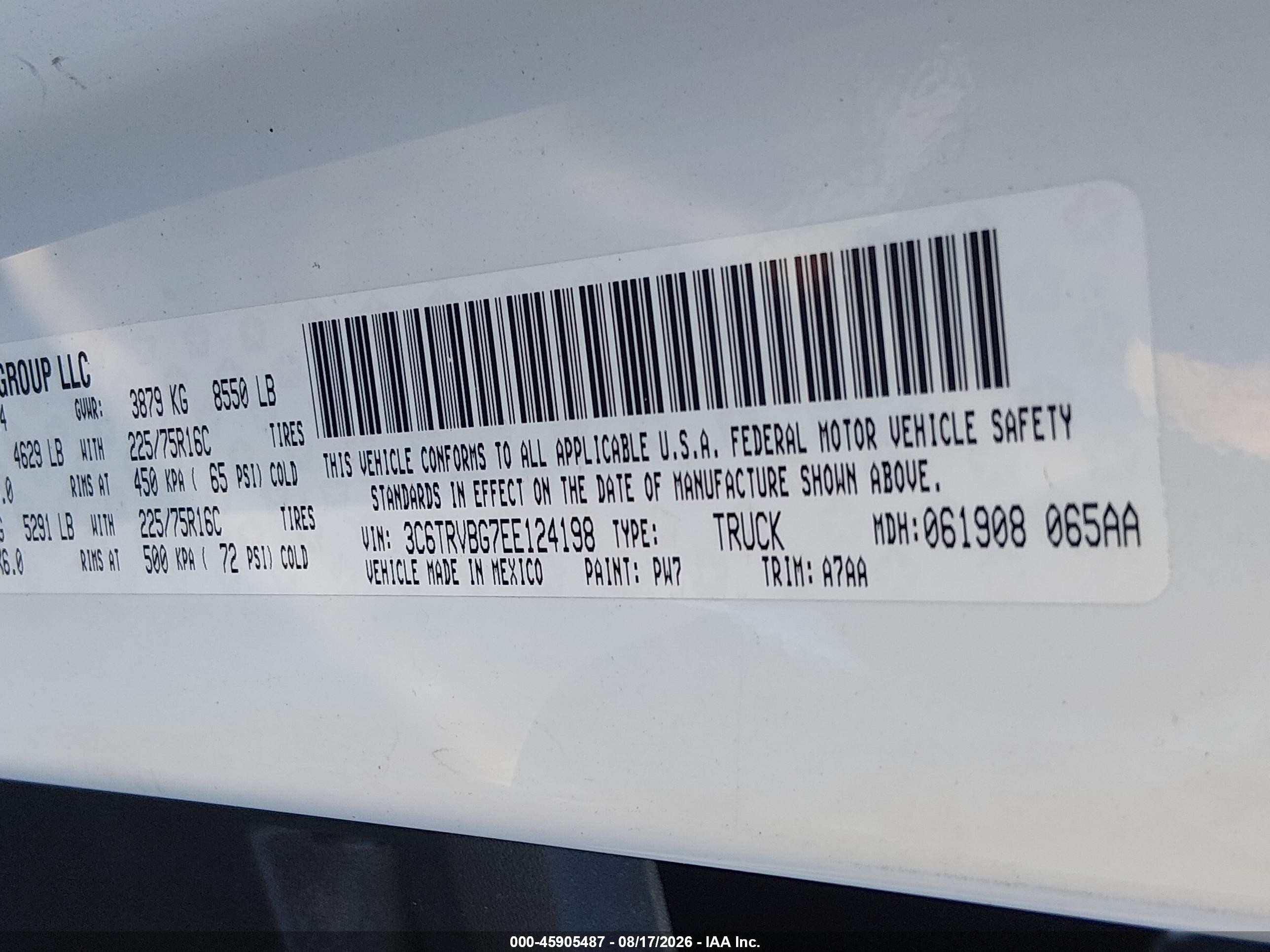 2014 Ram Promaster 1500   White vin: 3C6TRVBG7EE124198