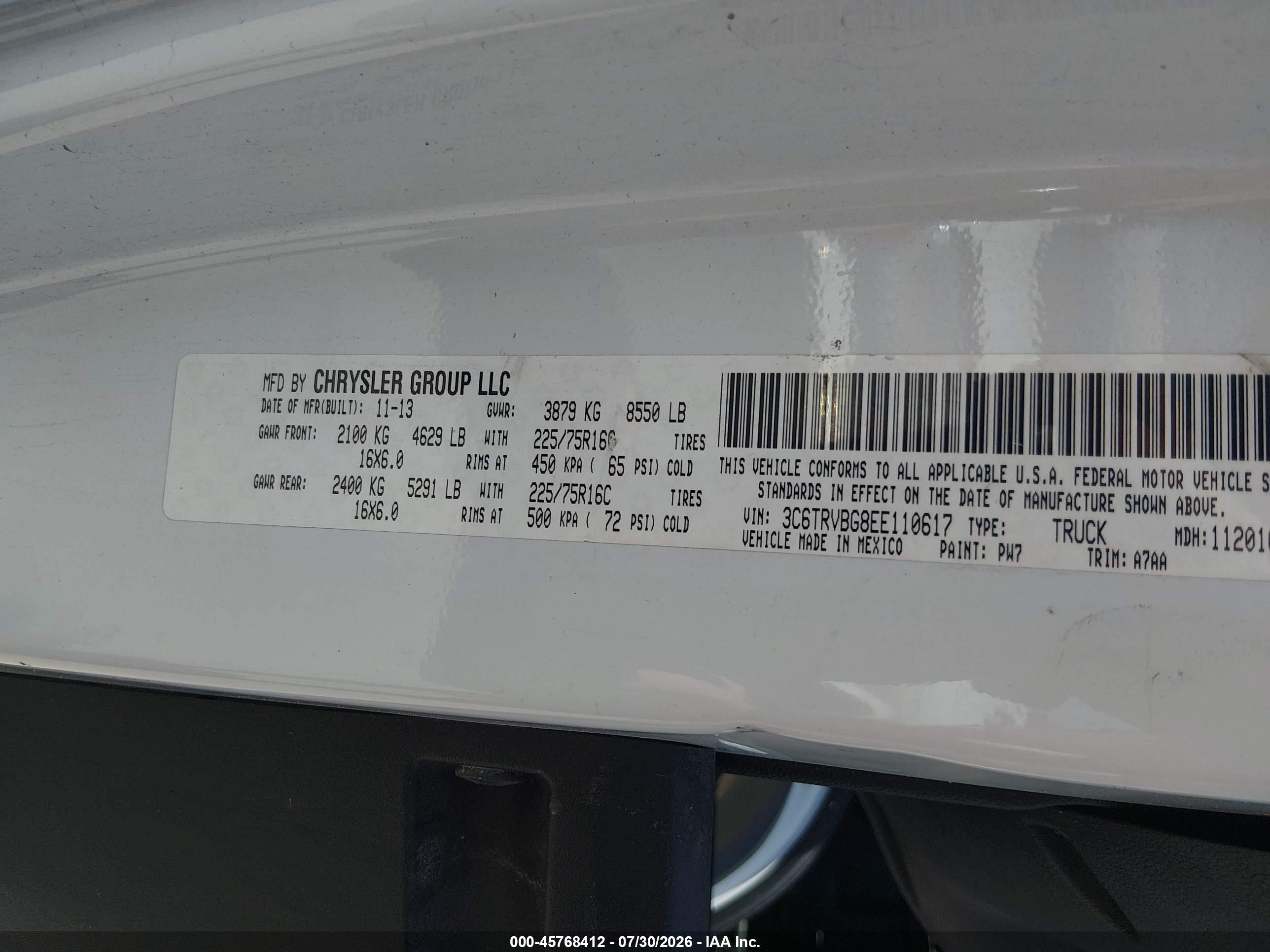 2014 Ram Promaster 1500   White vin: 3C6TRVBG8EE110617
