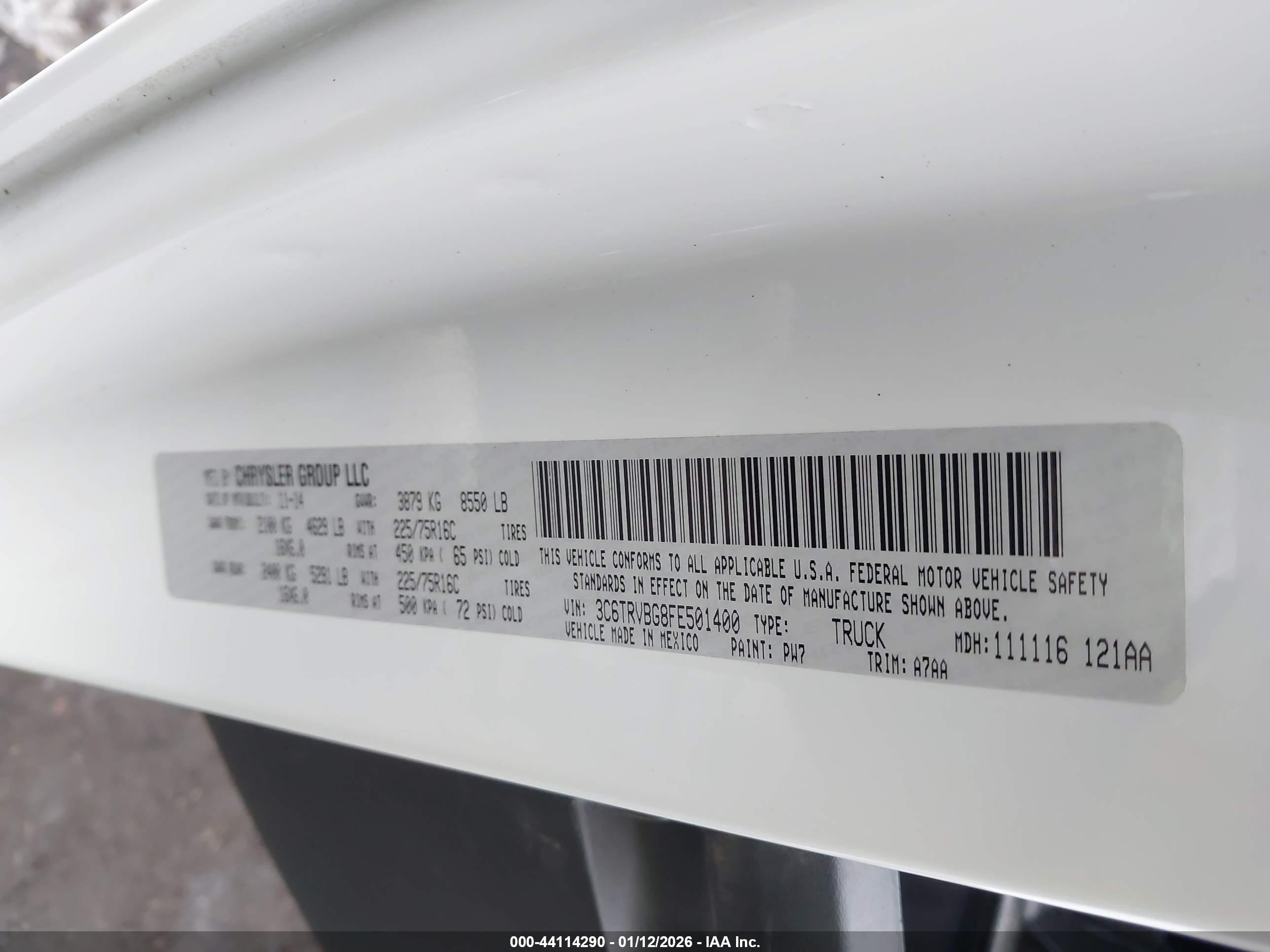 2015 Ram Promaster 1500   Белый vin: 3C6TRVBG8FE501400