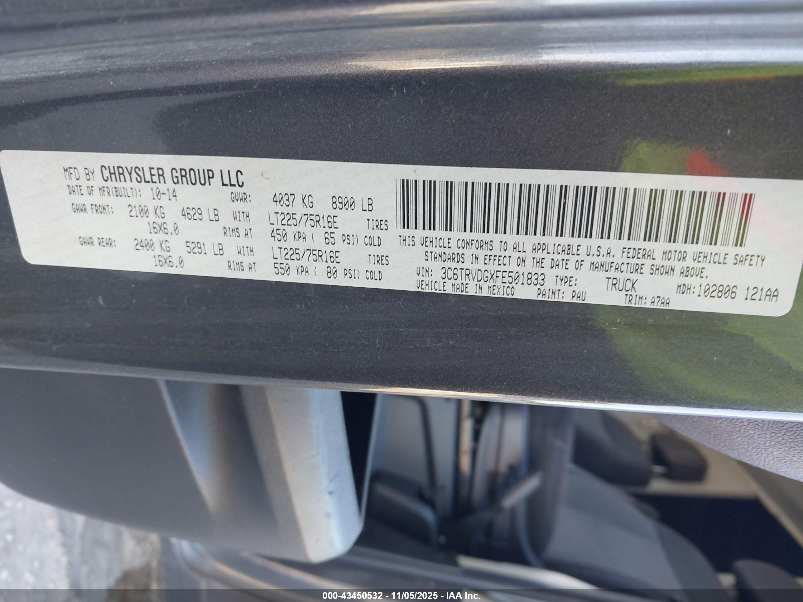 2015 Ram Promaster 2500 High Roof Серый vin: 3C6TRVDGXFE501833
