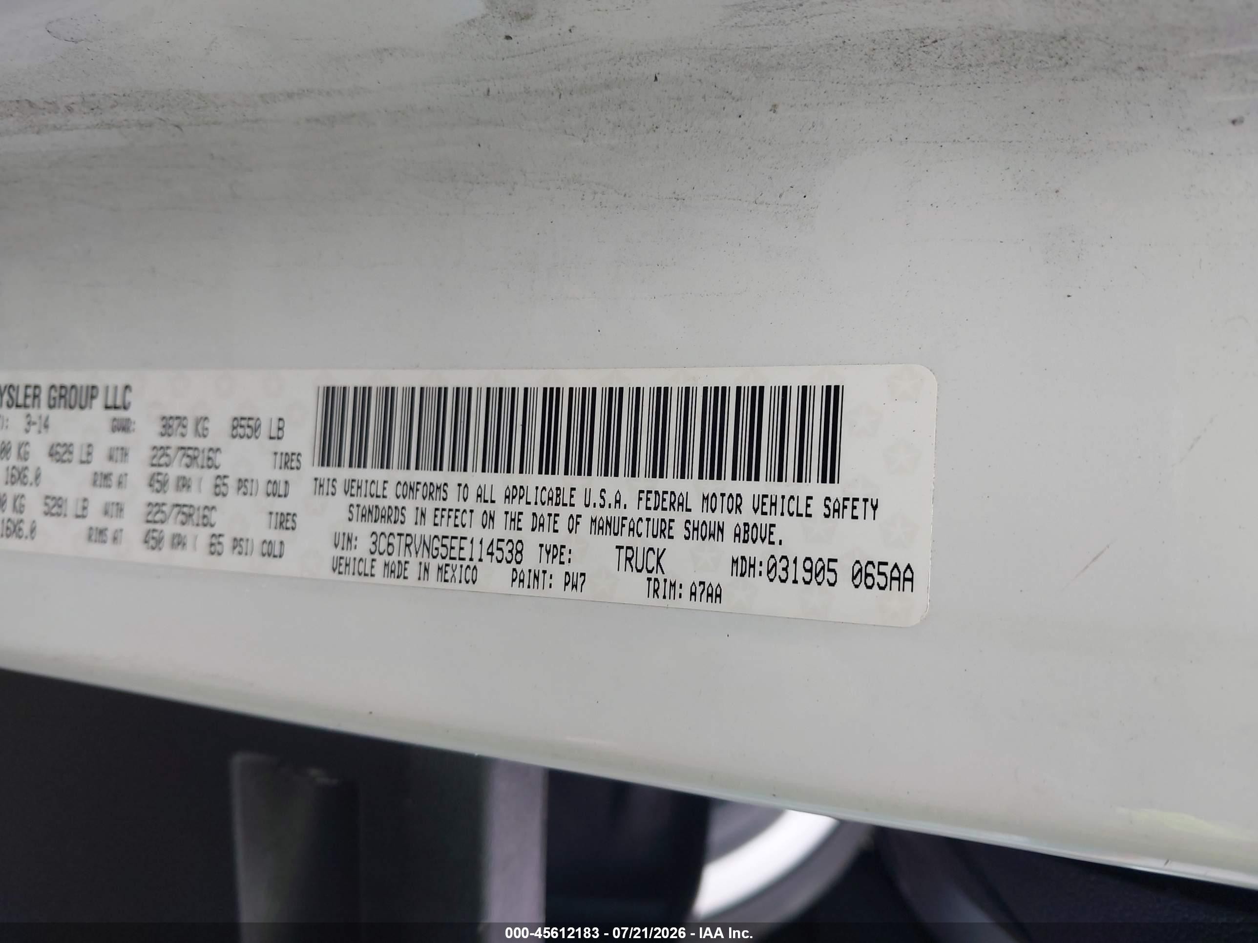 2014 Ram Promaster 1500 Low Roof White vin: 3C6TRVNG5EE114538