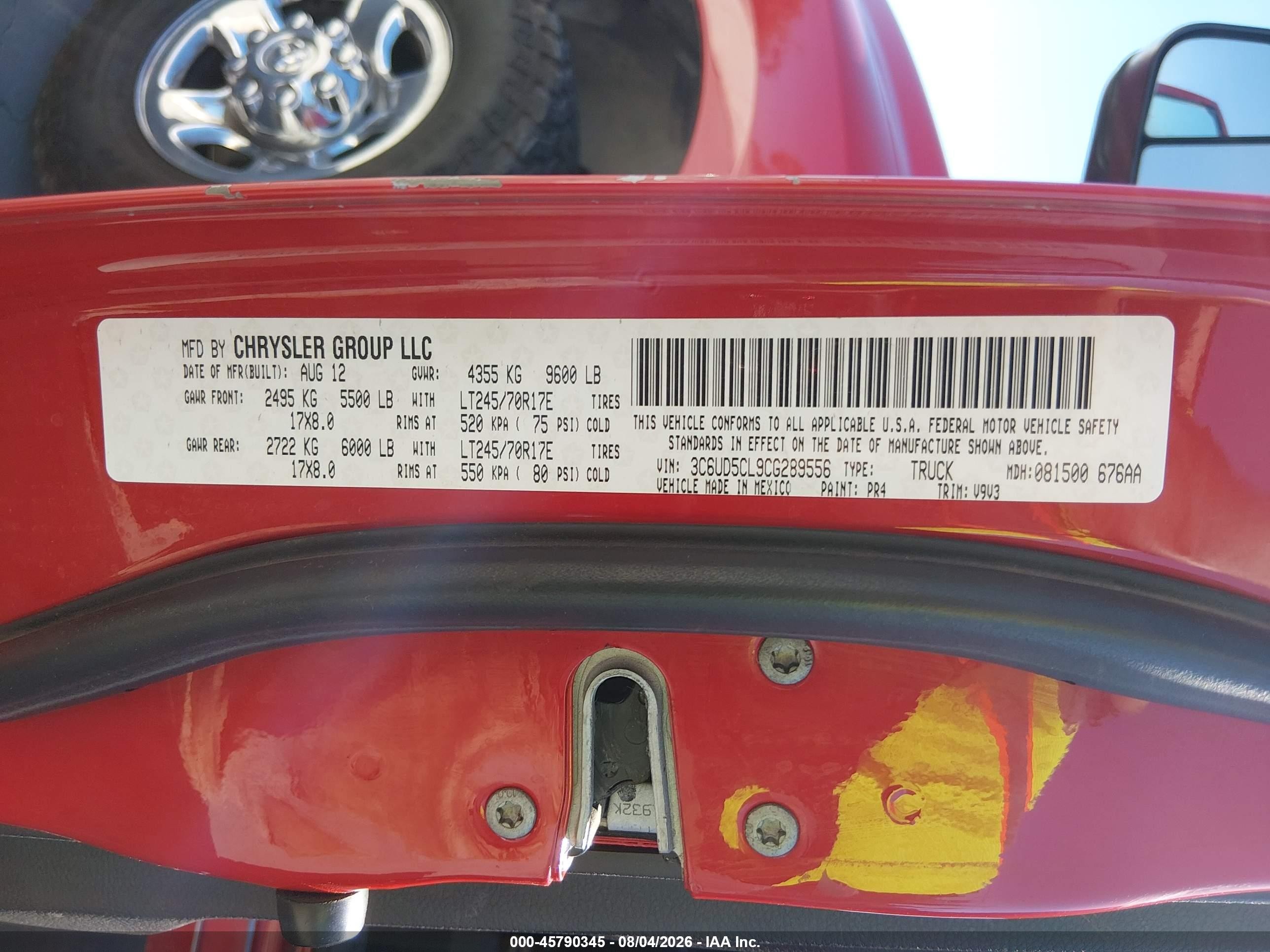 2012 Ram 2500 St Red vin: 3C6UD5CL9CG289556