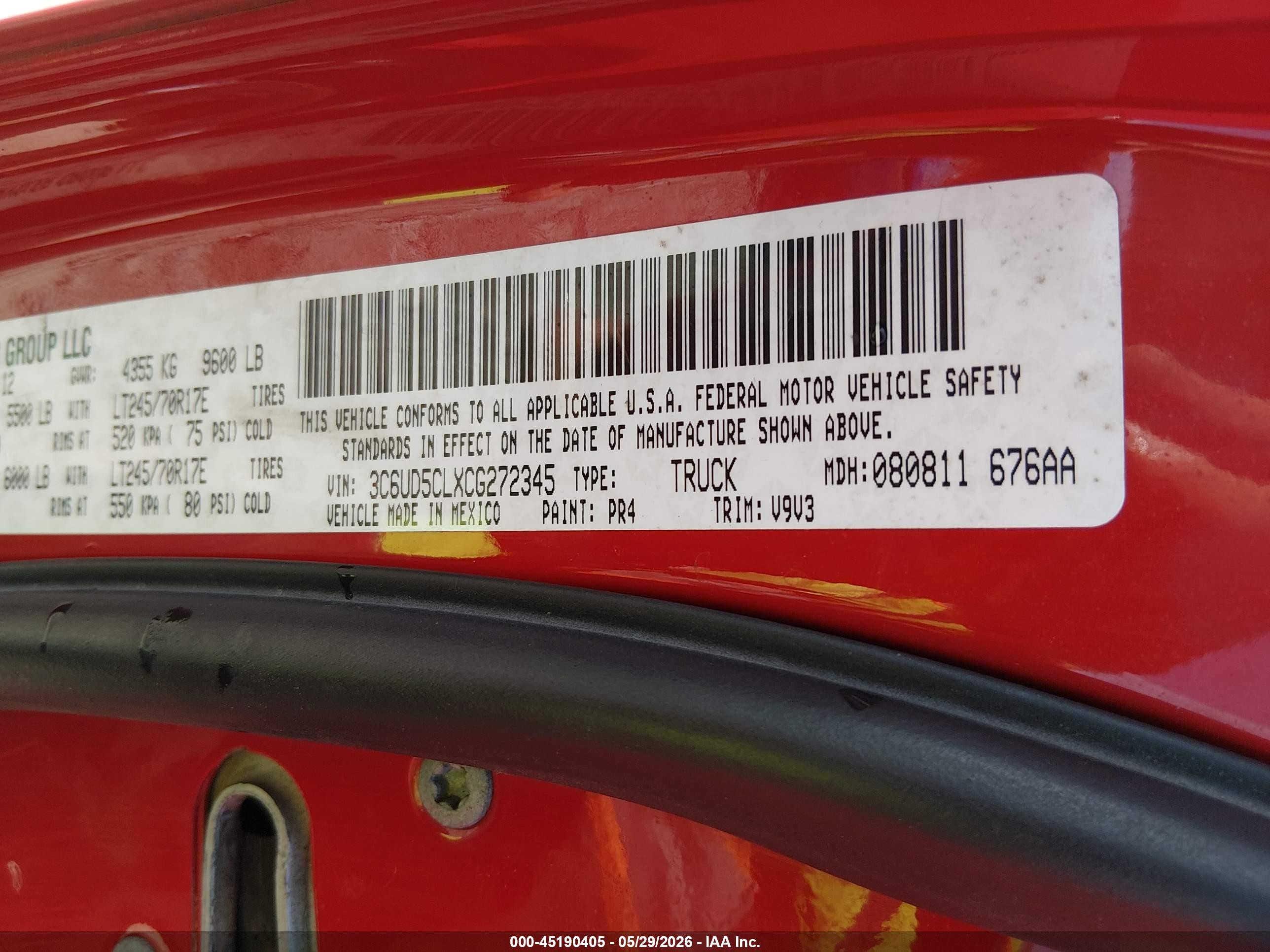 2012 Ram 2500 St Red vin: 3C6UD5CLXCG272345