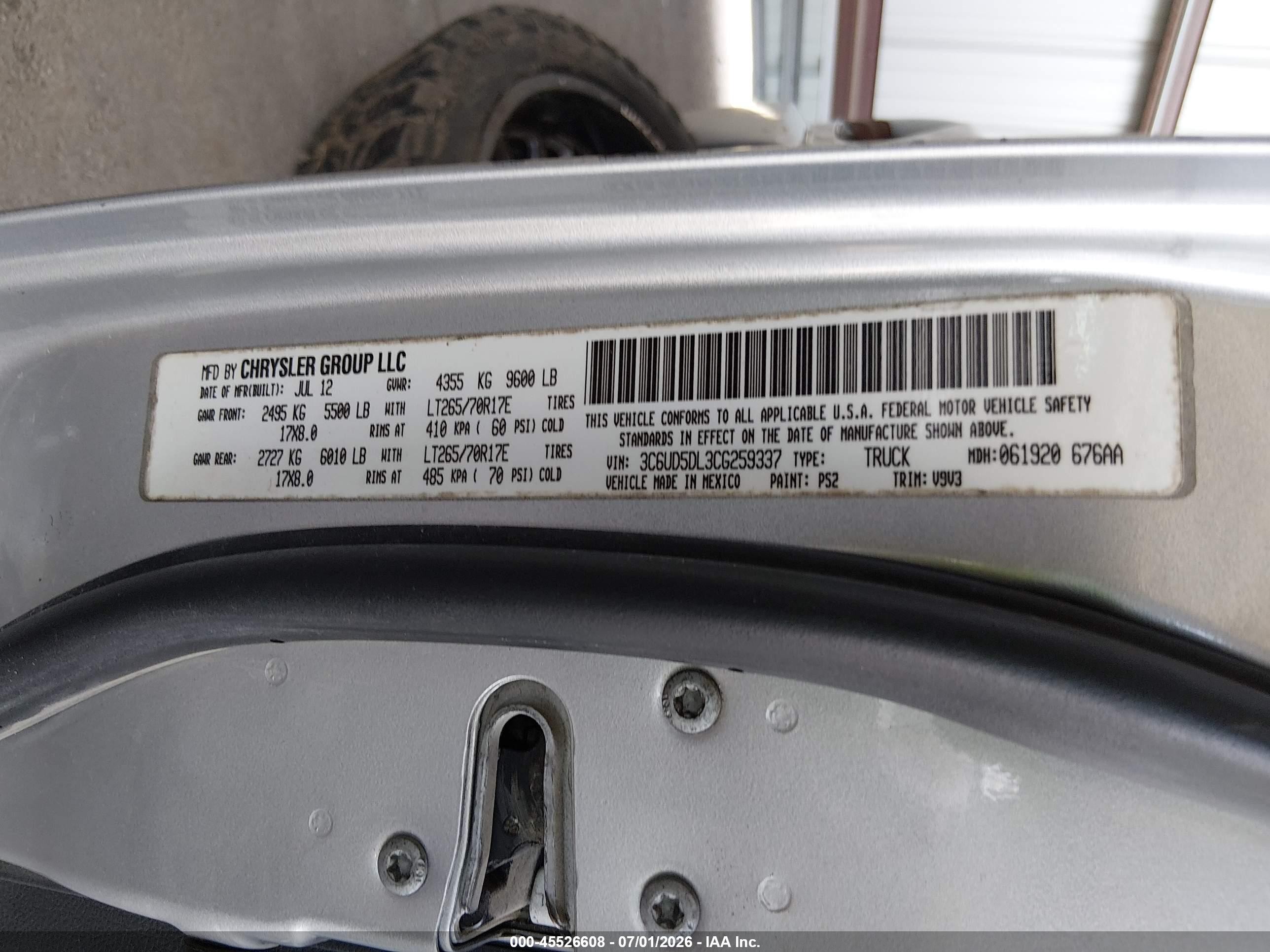 2012 Ram 2500 Slt Серебряный vin: 3C6UD5DL3CG259337