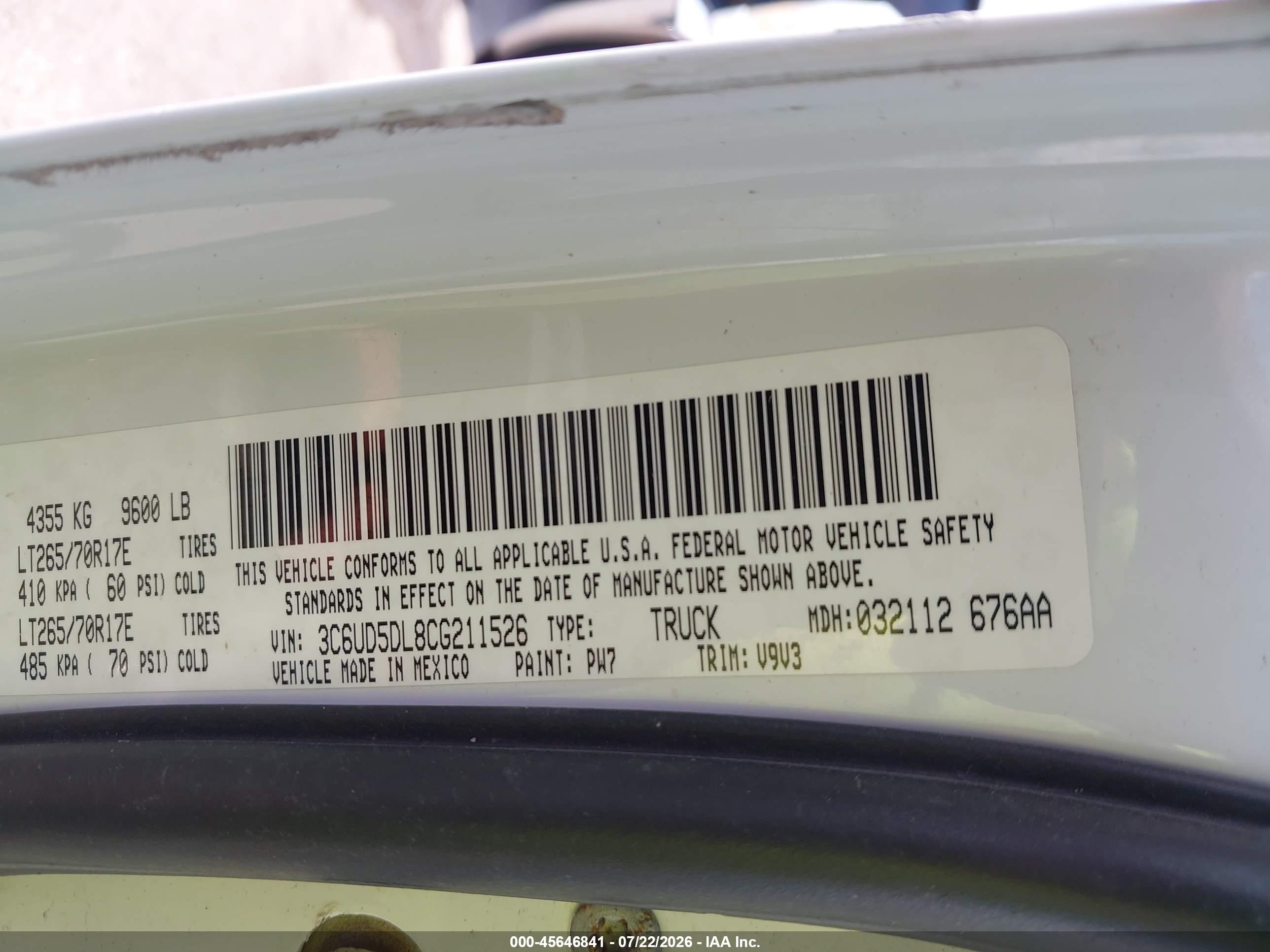 2012 Ram 2500 Slt White vin: 3C6UD5DL8CG211526