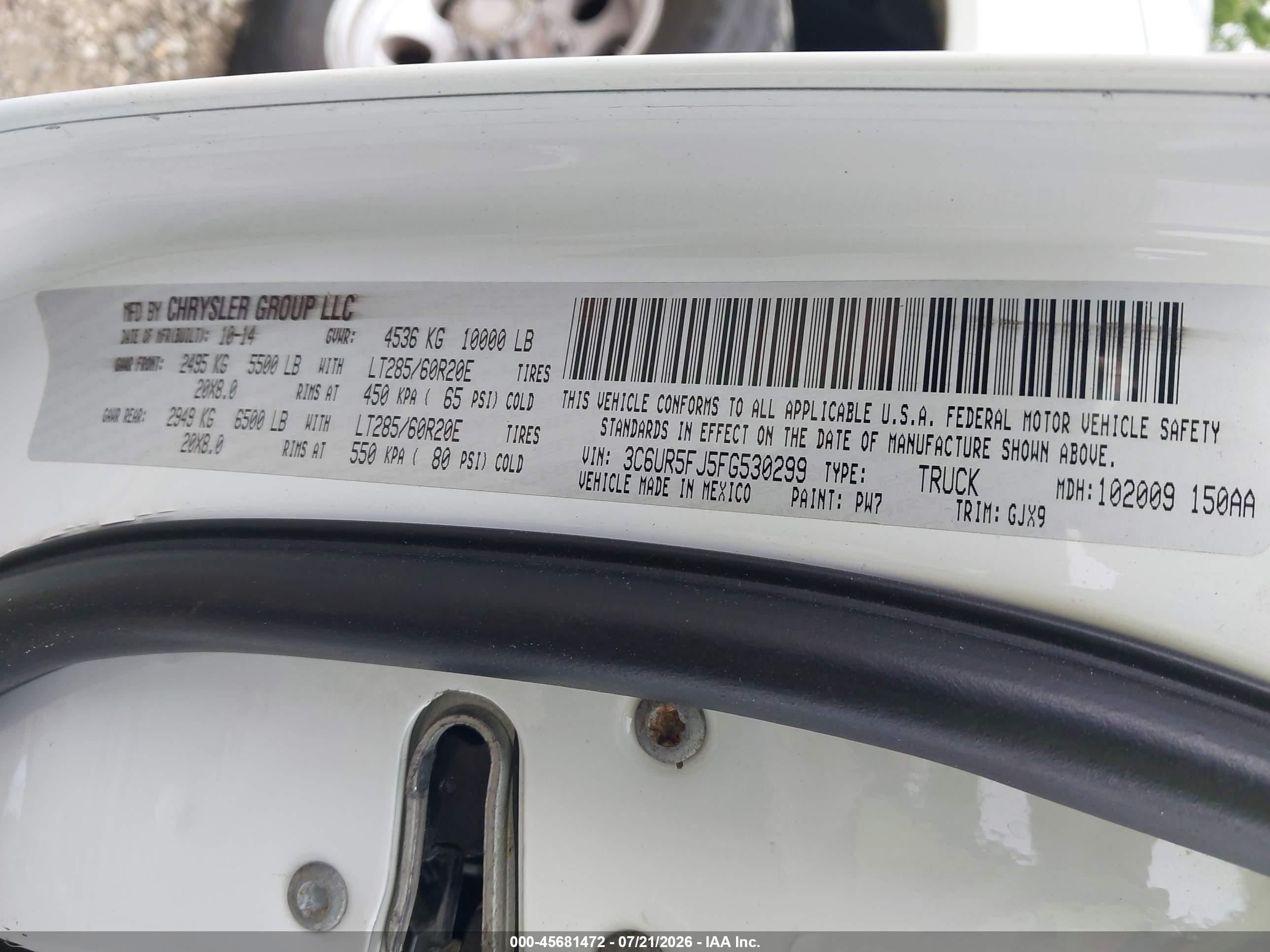 2015 Ram 2500 Laramie Белый vin: 3C6UR5FJ5FG530299
