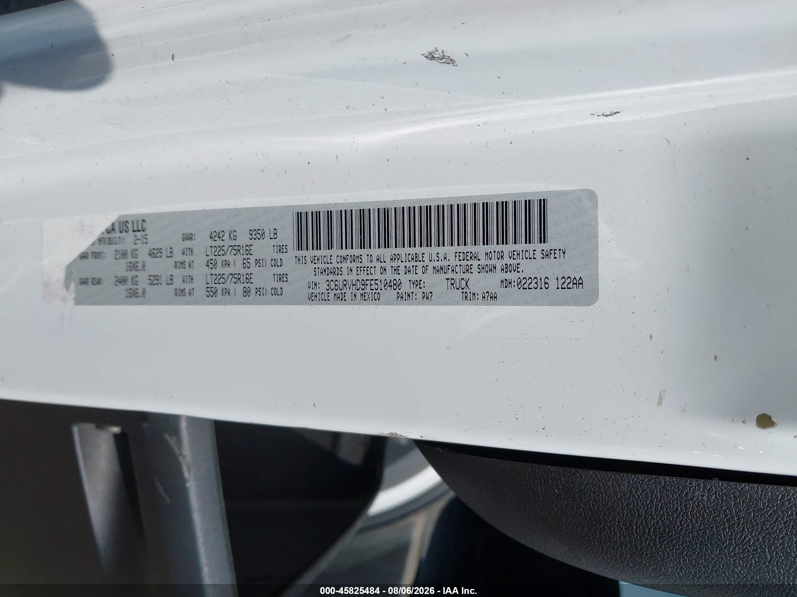 2015 Ram Promaster 3500 High Roof Белый vin: 3C6URVHD9FE510480