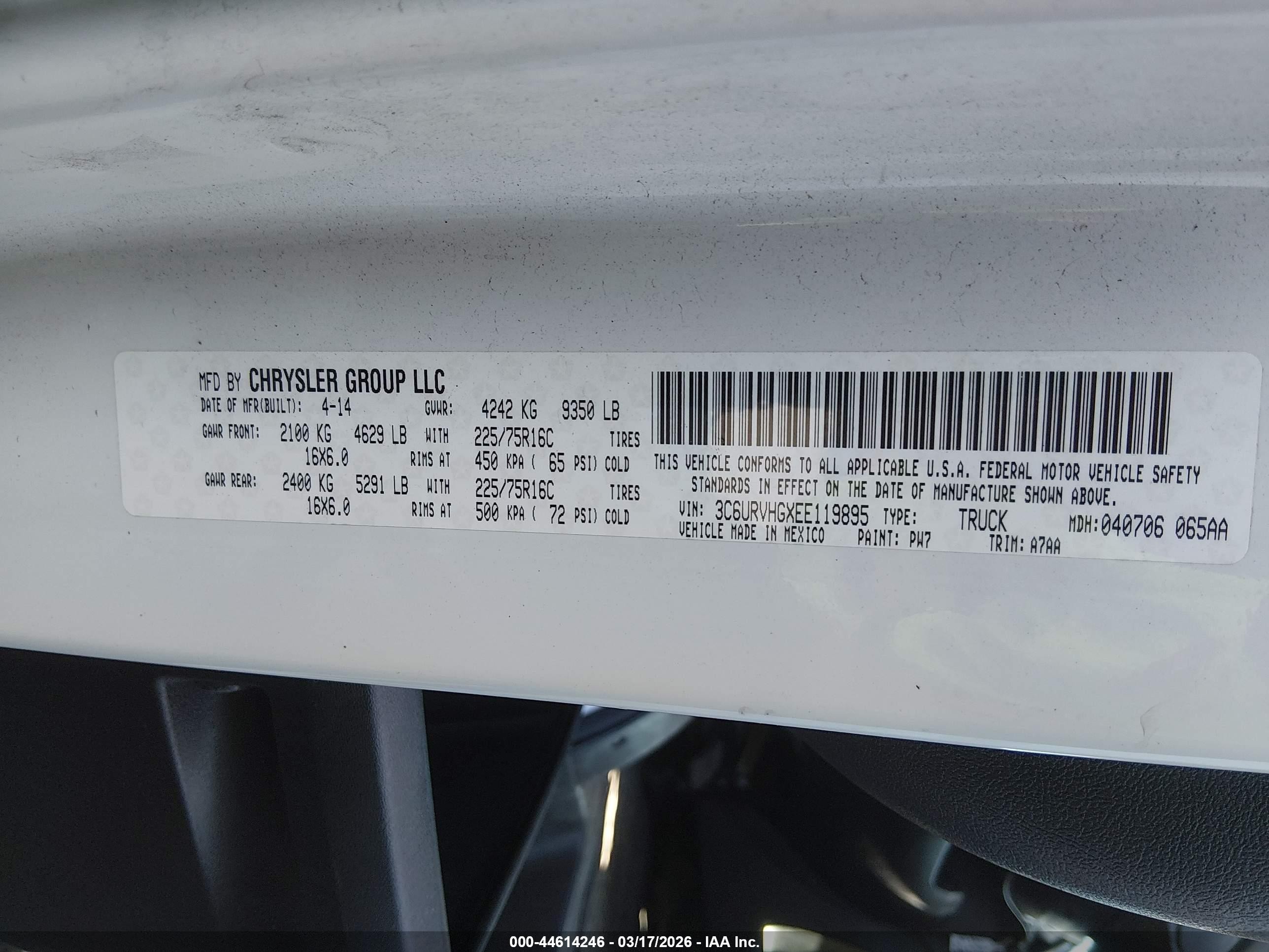 2014 Ram Promaster 3500 High Roof Белый vin: 3C6URVHGXEE119895