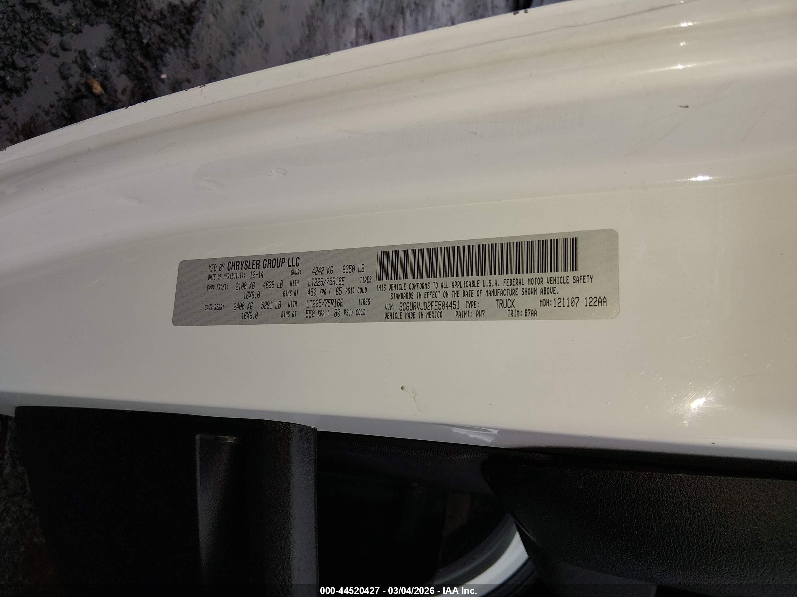 2015 Ram Promaster 3500 High Roof White vin: 3C6URVJD2FE504451