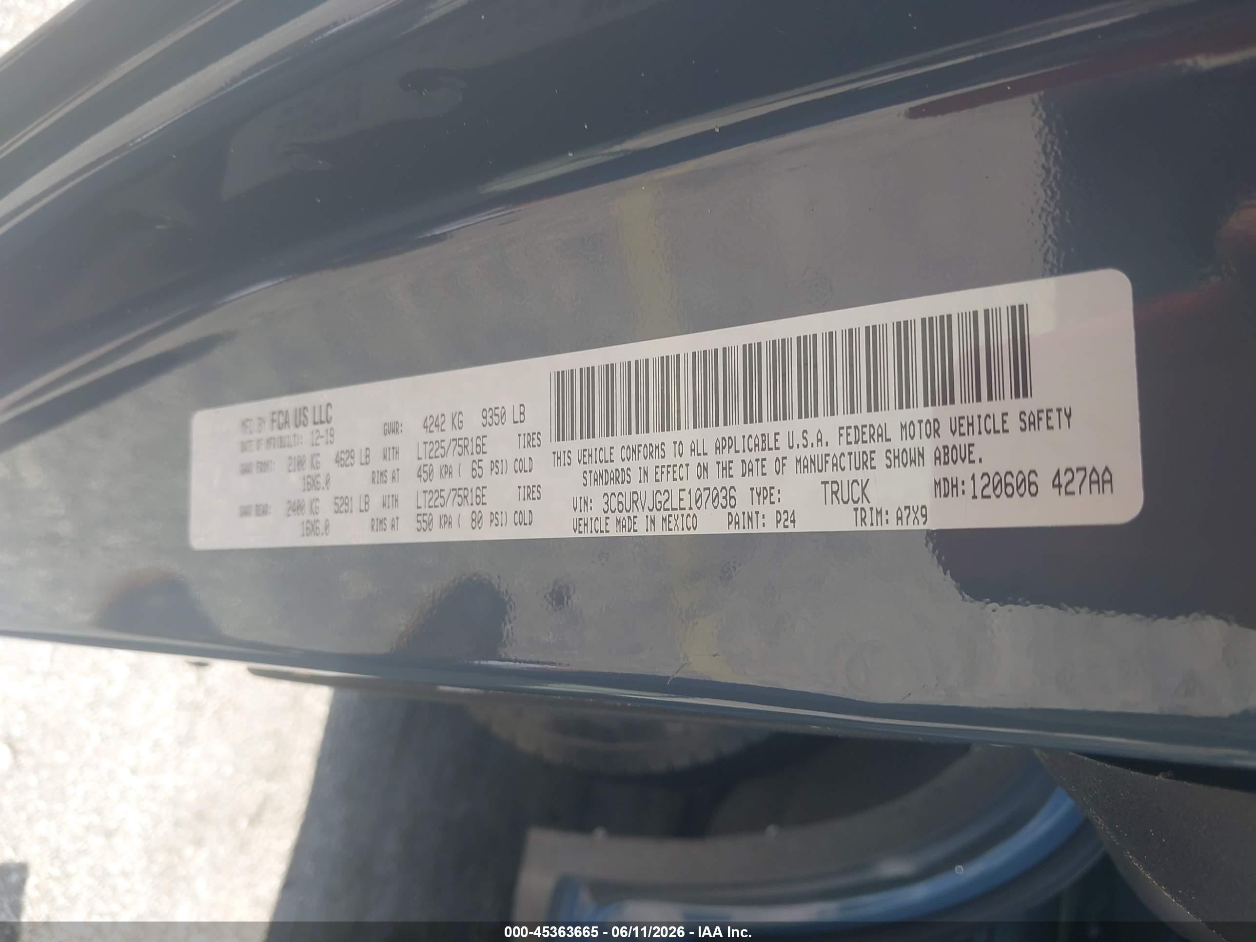 2020 Ram Promaster 3500 Cargo Van High Roof 159 Wb Ext Gray vin: 3C6URVJG2LE107036