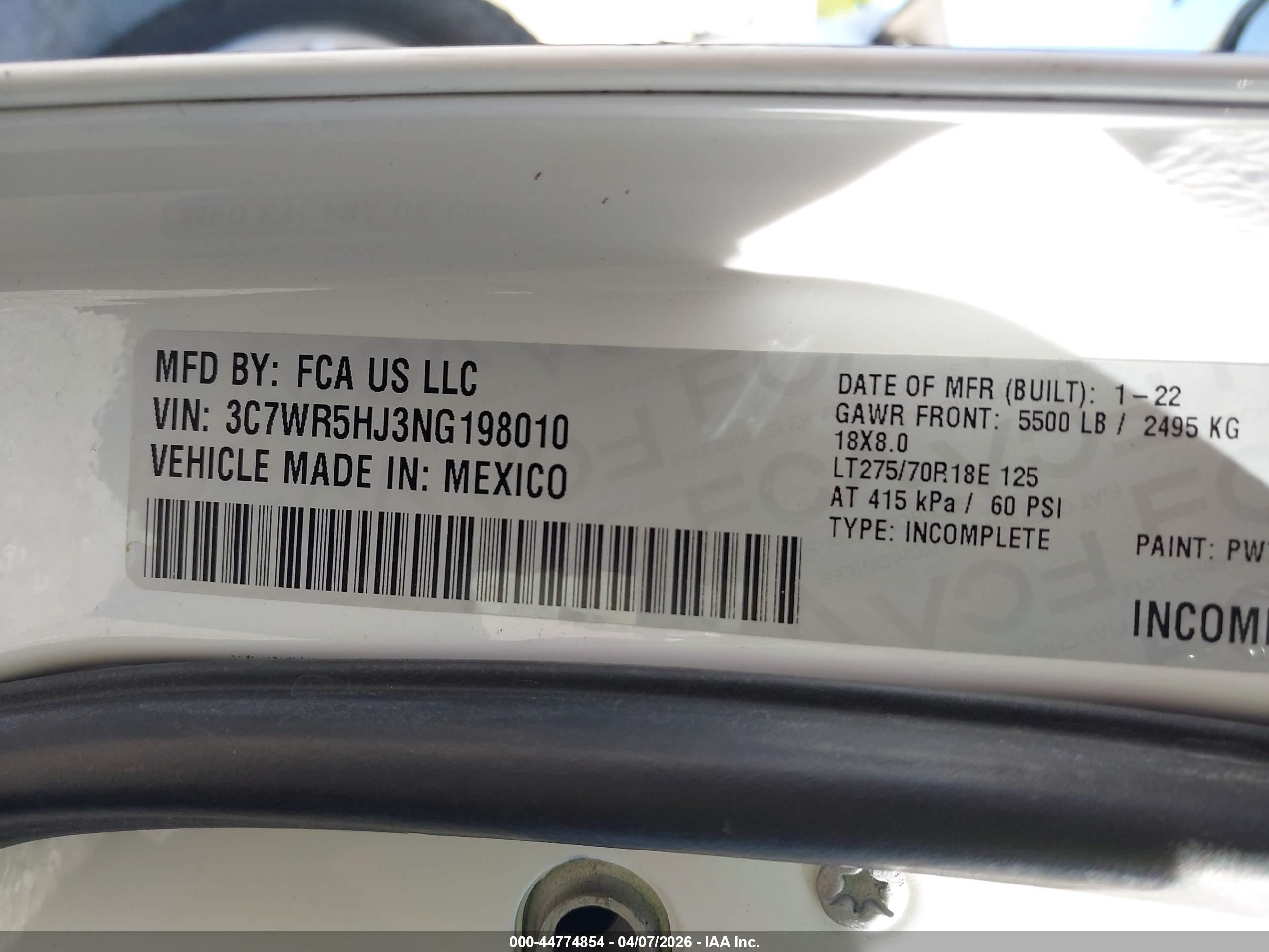 2022 Ram 2500 Tradesman  4x4 8' Box White vin: 3C7WR5HJ3NG198010