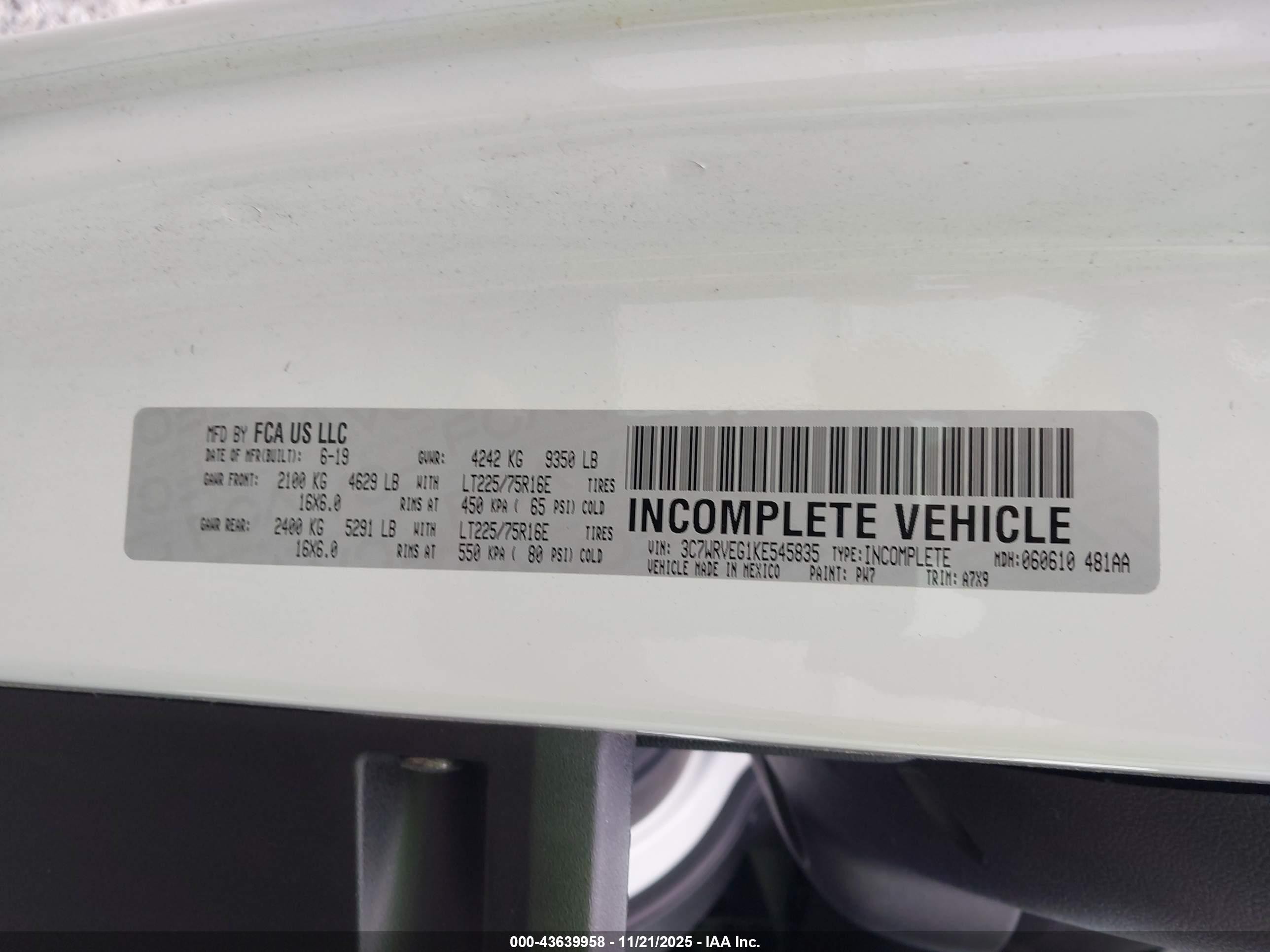 2019 Ram Promaster 3500 Cab *ors*   Белый vin: 3C7WRVEG1KE545835