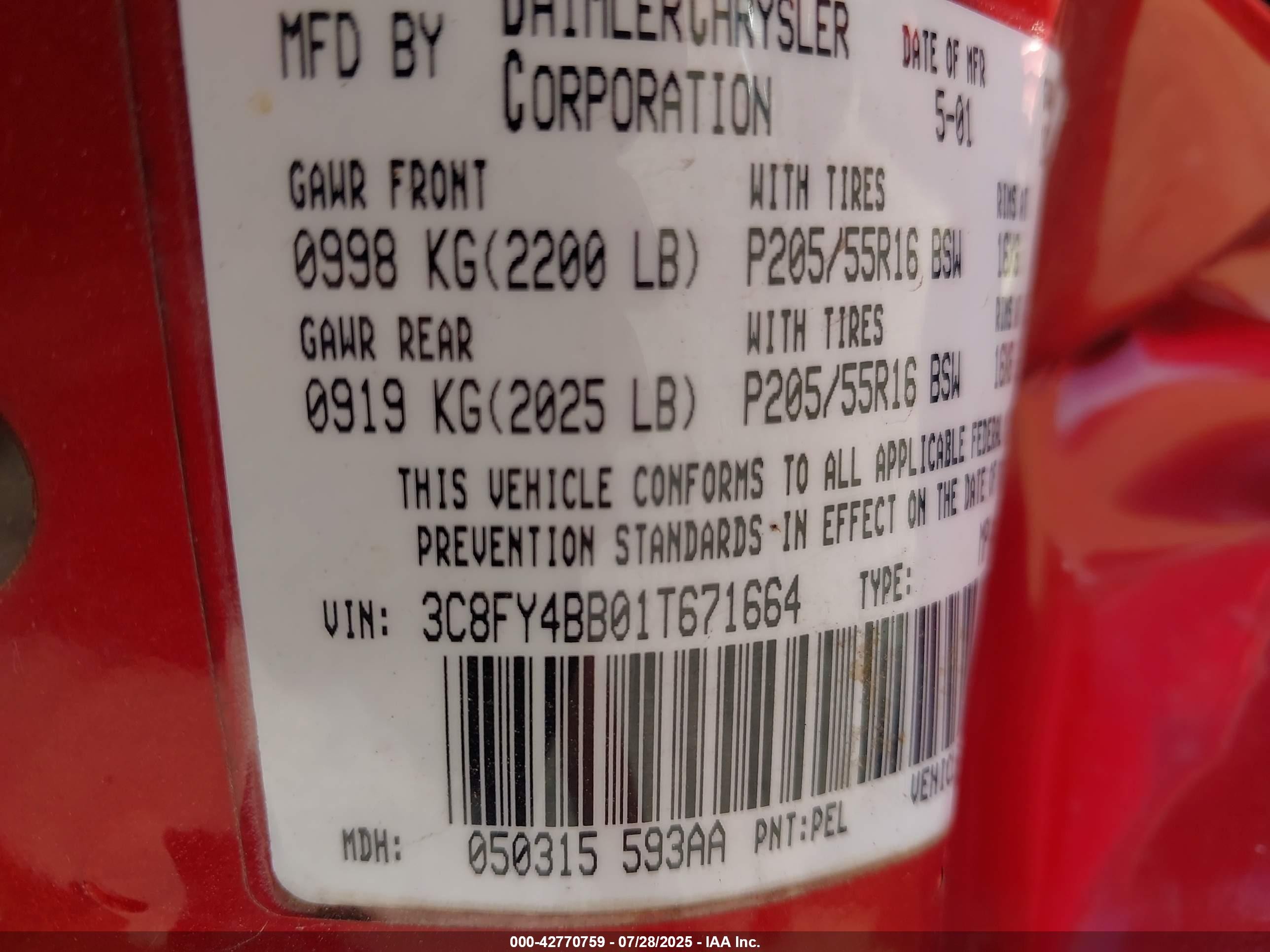 2001 Chrysler Pt Cruiser   Red vin: 3C8FY4BB01T671664