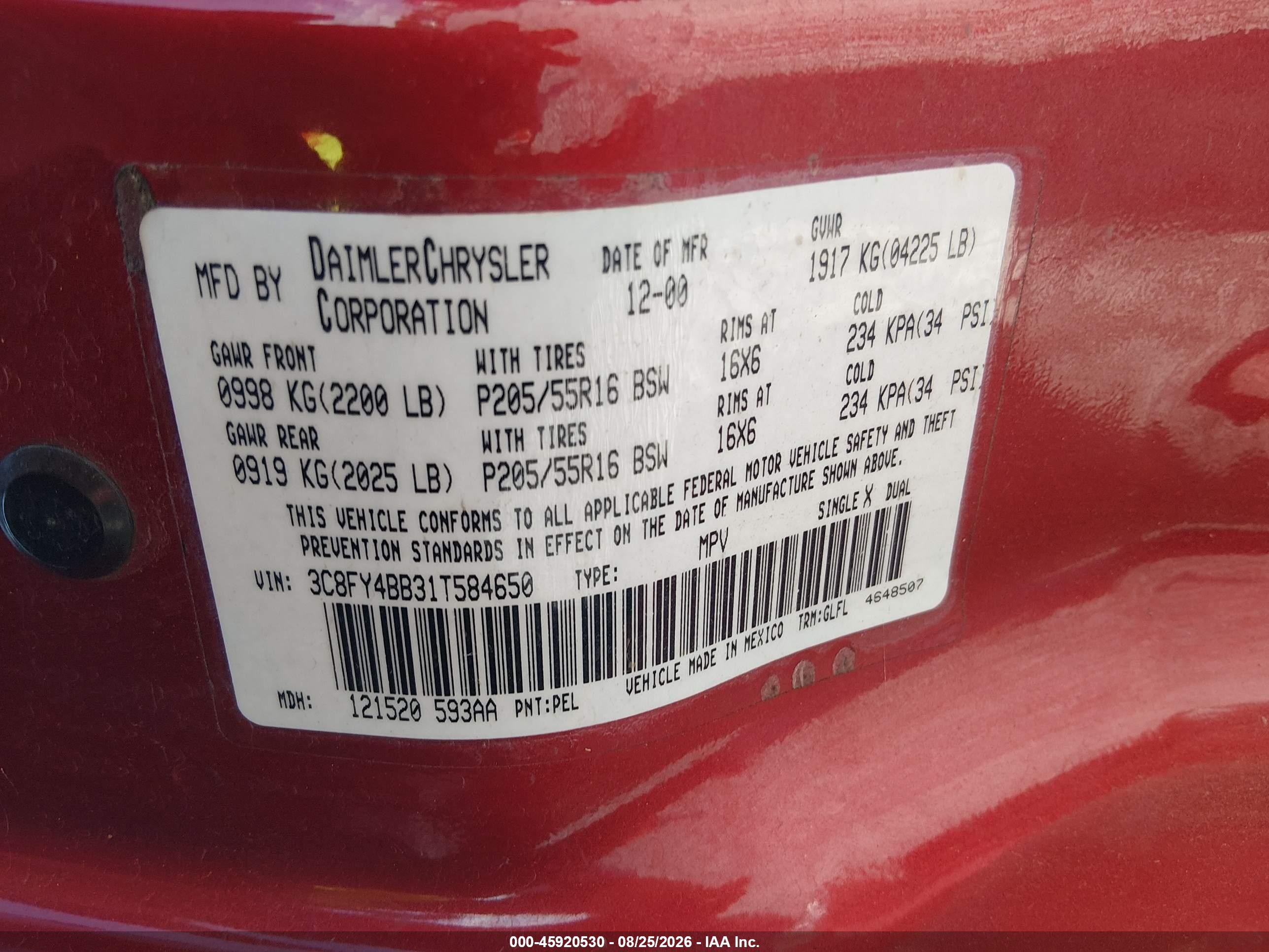 2001 Chrysler Pt Cruiser   Red vin: 3C8FY4BB31T584650