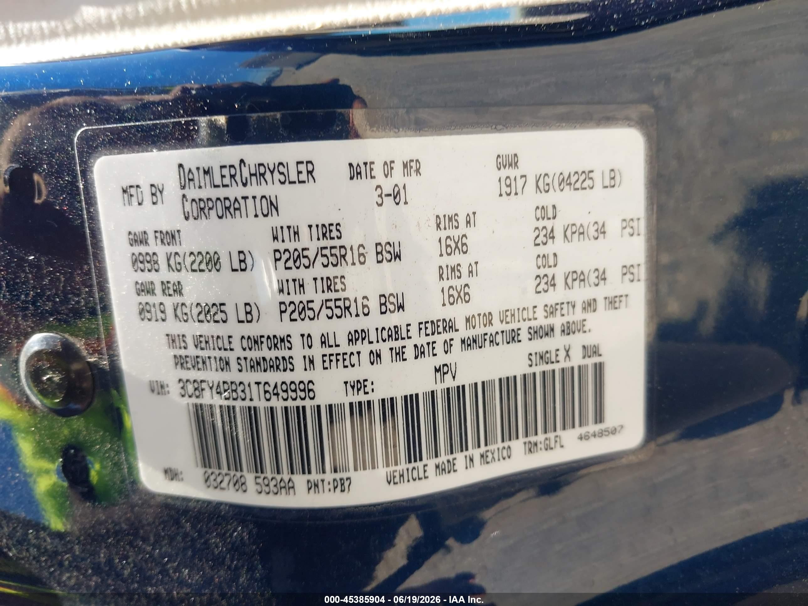 2001 Chrysler Pt Cruiser   Blue vin: 3C8FY4BB31T649996