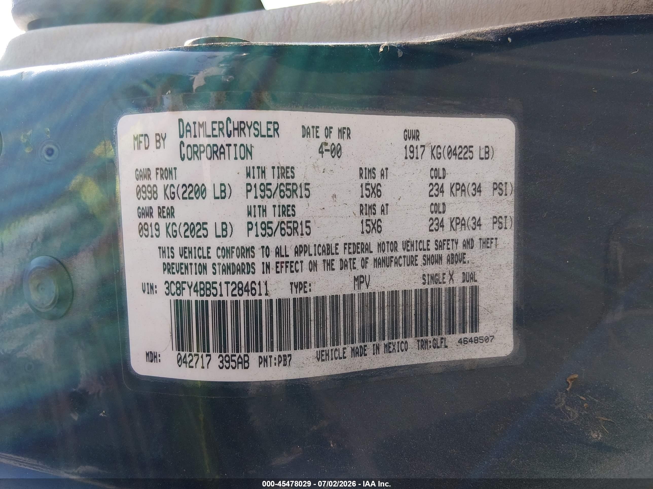 2001 Chrysler Pt Cruiser   Синий vin: 3C8FY4BB51T284611