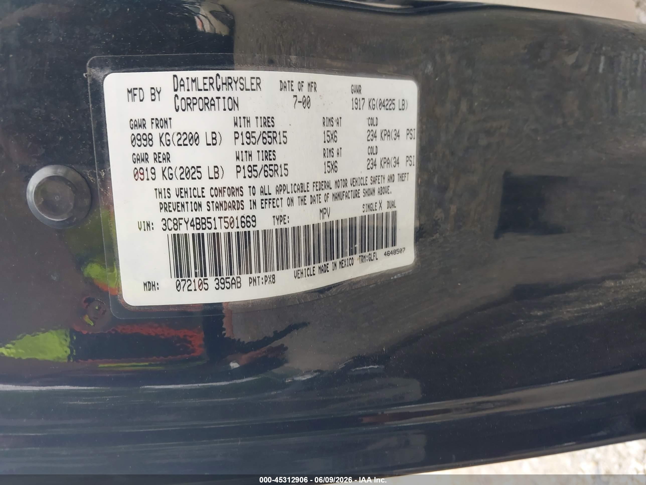 2001 Chrysler Pt Cruiser Black vin: 3C8FY4BB51T501669